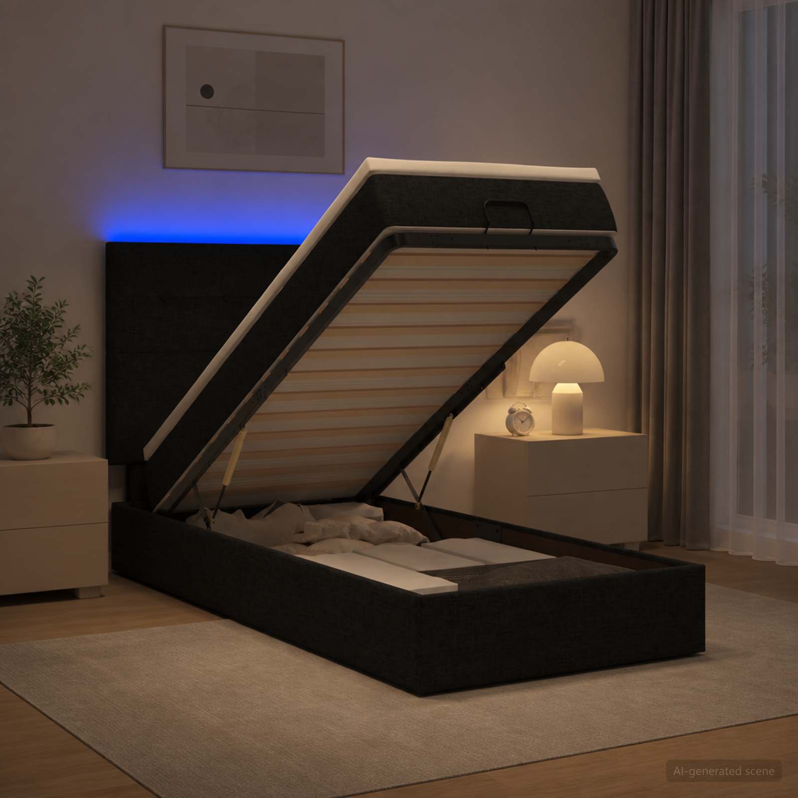 Lit coffre avec matelas et LED Noir 80 x 200 cm Tissu - XIOS