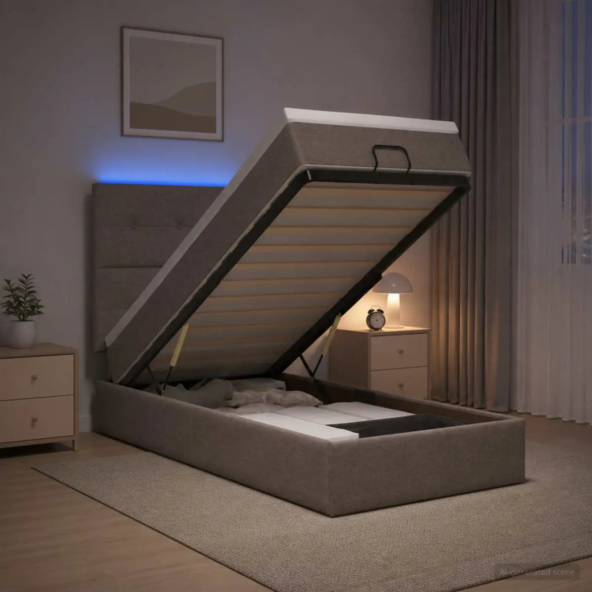 Lit coffre avec matelas et LED Taupe 90 x 200 cm Tissu - XIOS