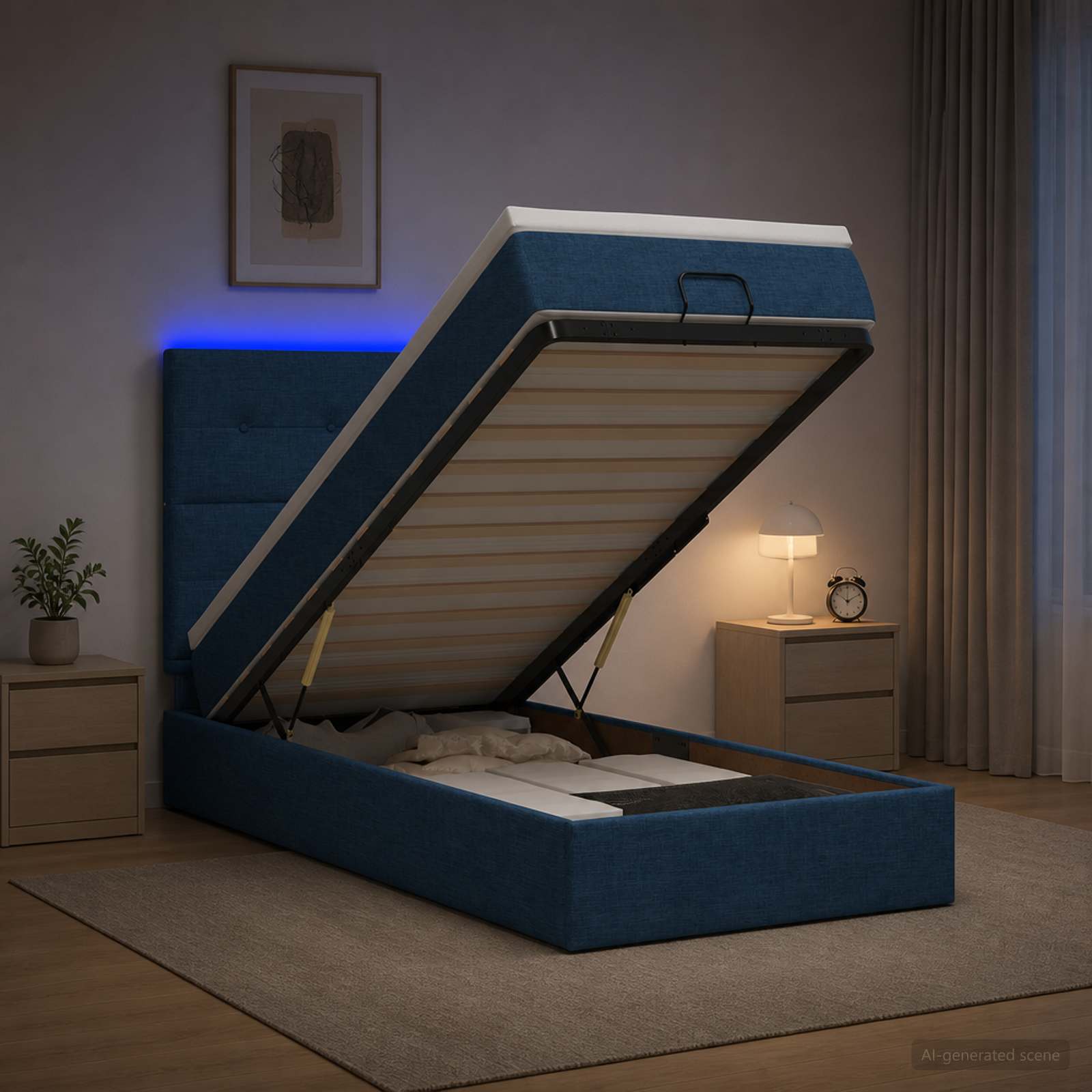 Lit coffre avec matelas et LED Bleu 90 x 190 cm Tissu