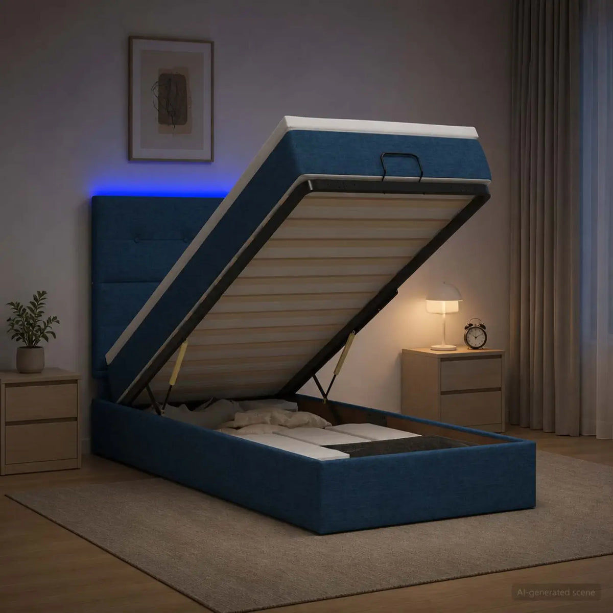 Lit coffre avec matelas et LED Bleu 80 x 200 cm Tissu - XIOS