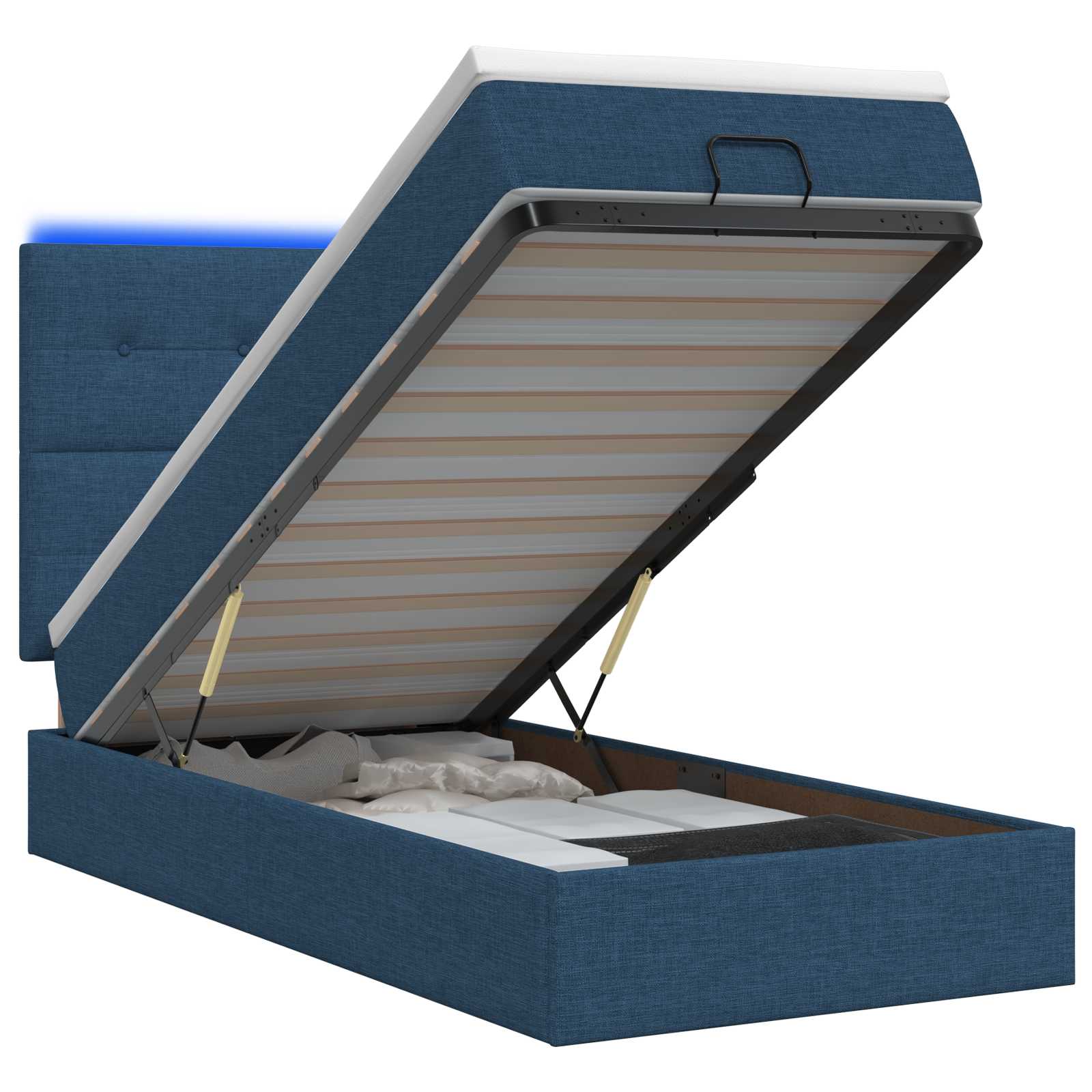 Lit coffre avec matelas et LED Bleu 90 x 190 cm Tissu