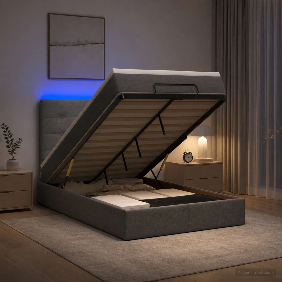 Lit coffre avec matelas et LED Gris foncé 120 x 200 cm Tissu