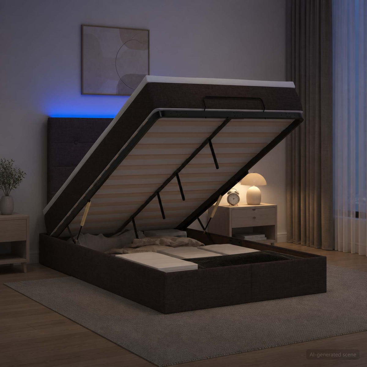 Lit coffre avec matelas et LED Marron foncé 120 x 190 cm Tissu