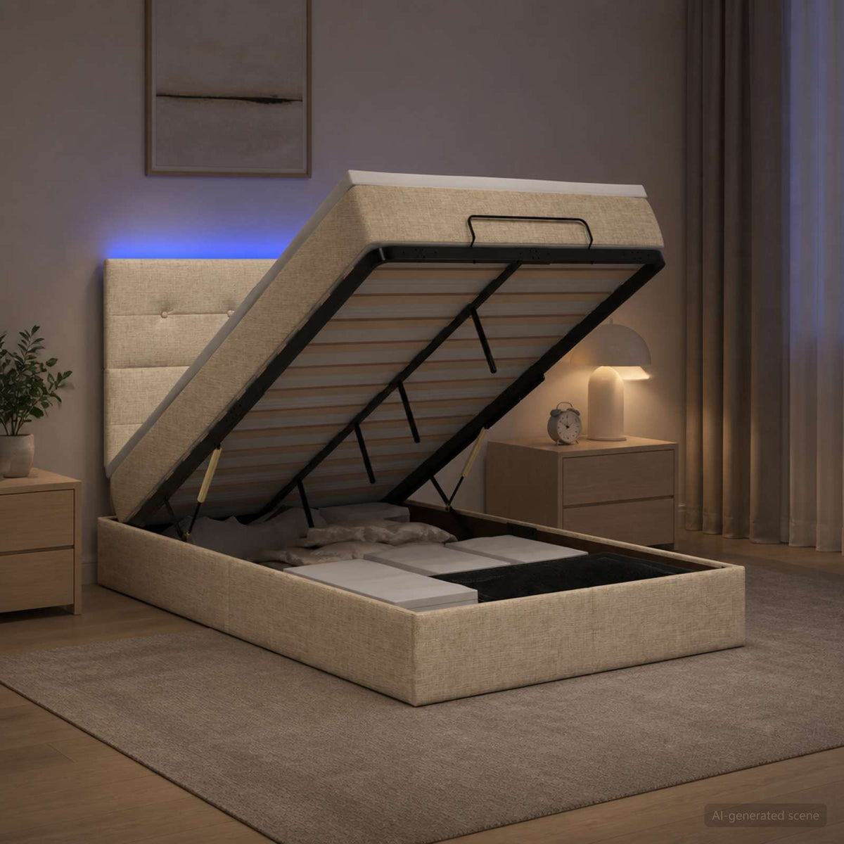 Lit coffre avec matelas et LED Crème 120 x 200 cm Tissu