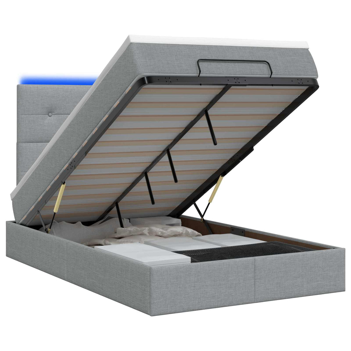 Lit coffre avec matelas et LED Gris clair 120 x 200 cm Tissu