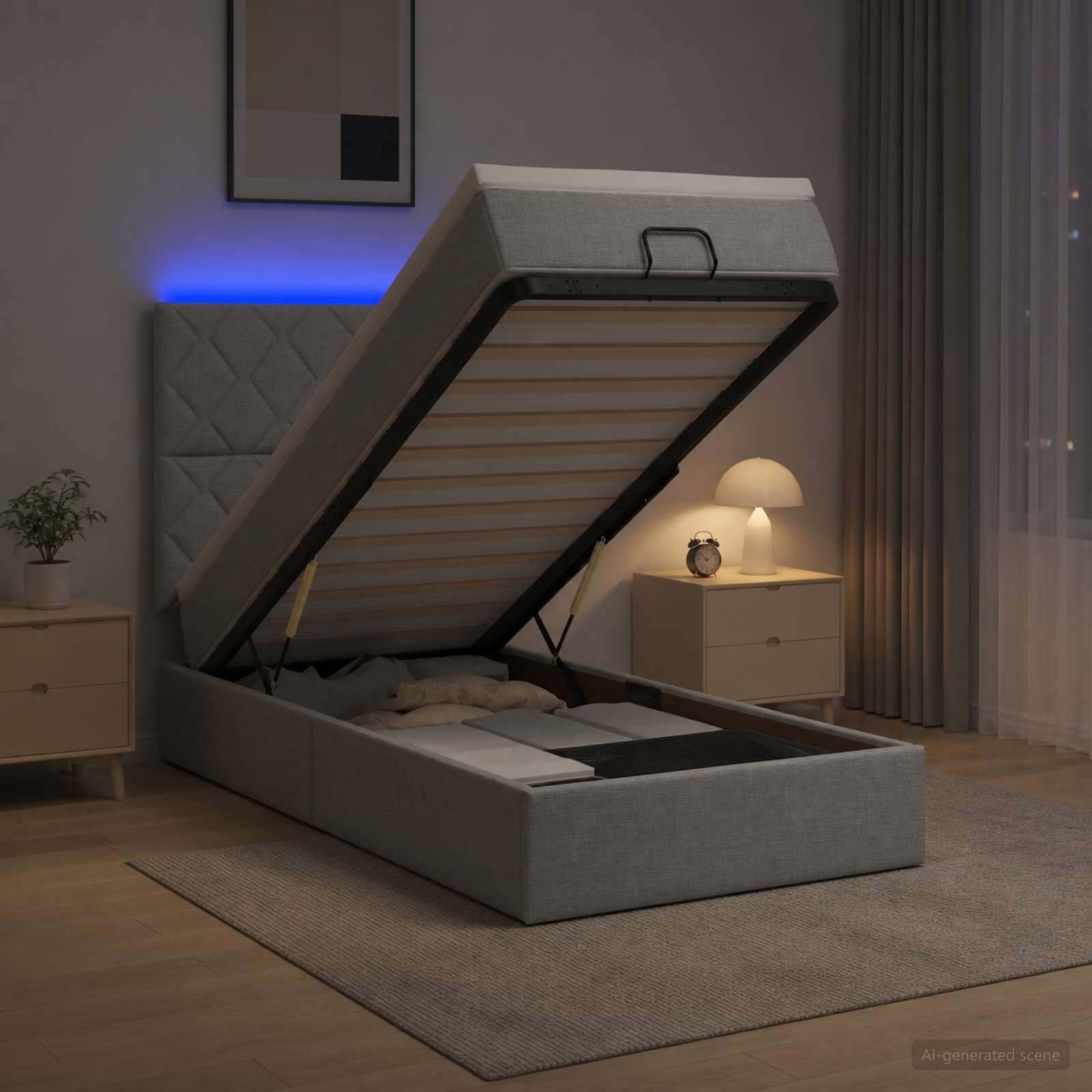 Lit coffre avec matelas et LED Gris clair 90 x 190 cm Tissu - XIOS