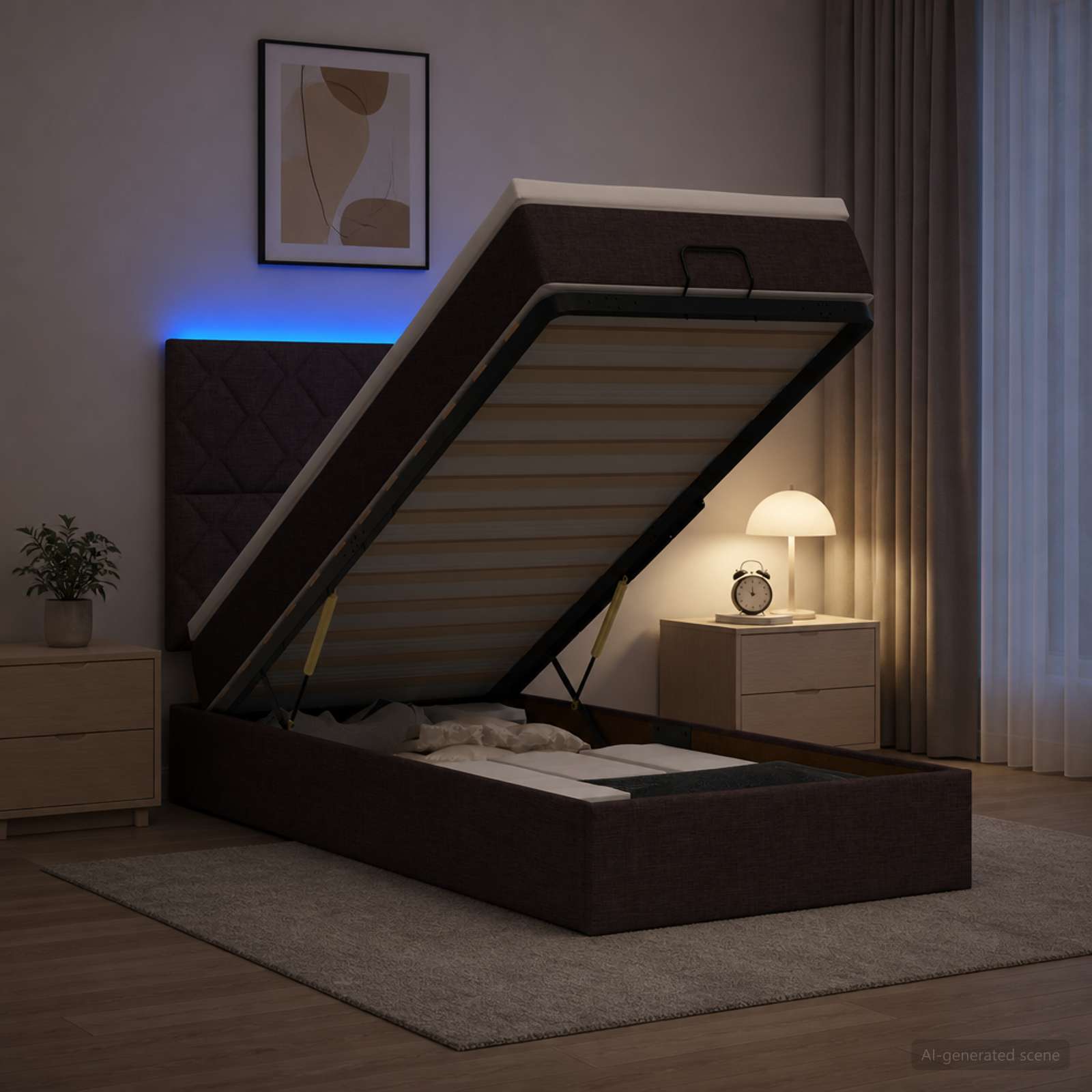 Lit coffre avec matelas et LED Marron foncé 80 x 200 cm Tissu
