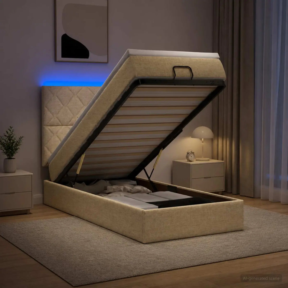 Lit coffre avec matelas et LED Crème 90 x 200 cm Tissu - XIOS
