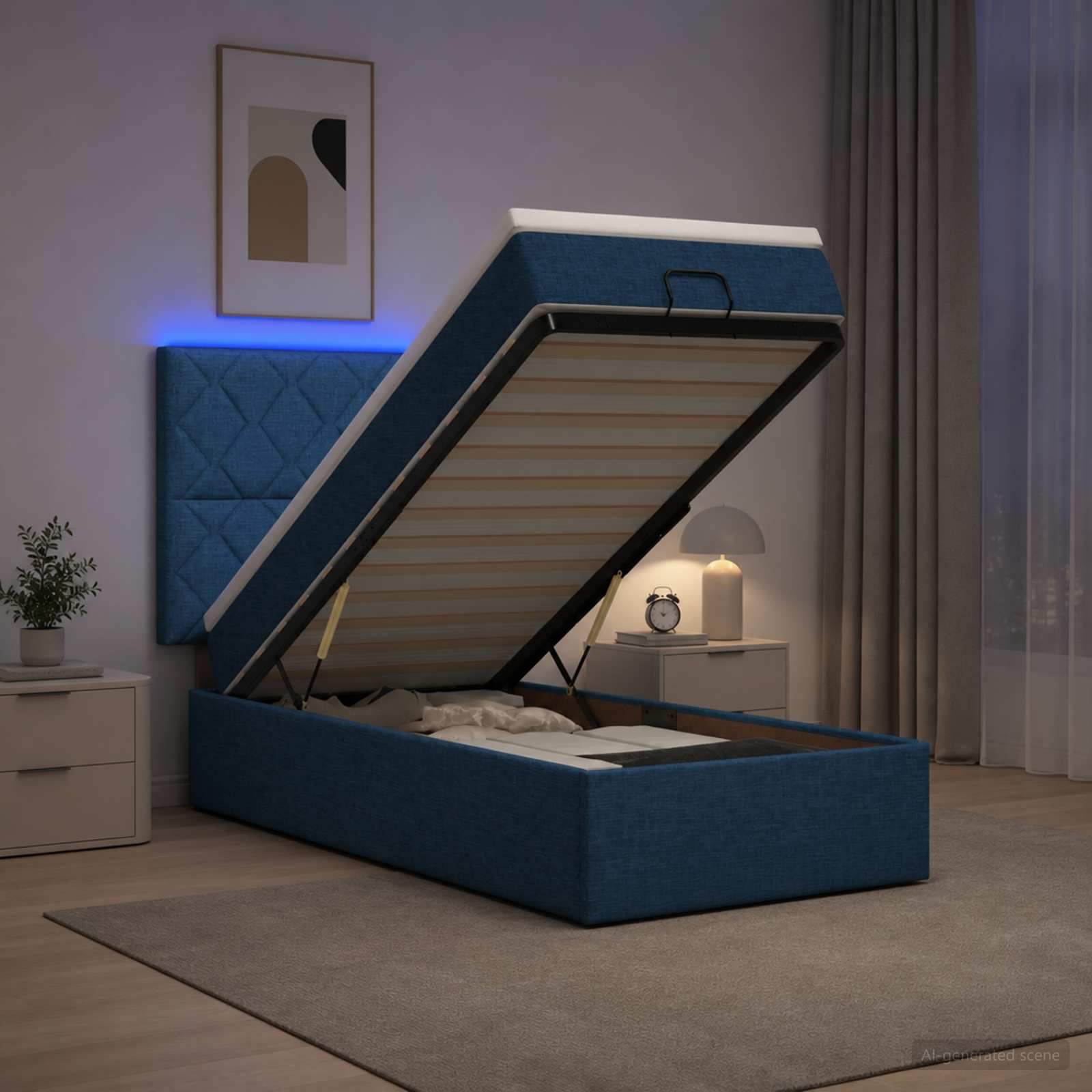 Lit coffre avec matelas et LED Bleu 90 x 190 cm Tissu - XIOS
