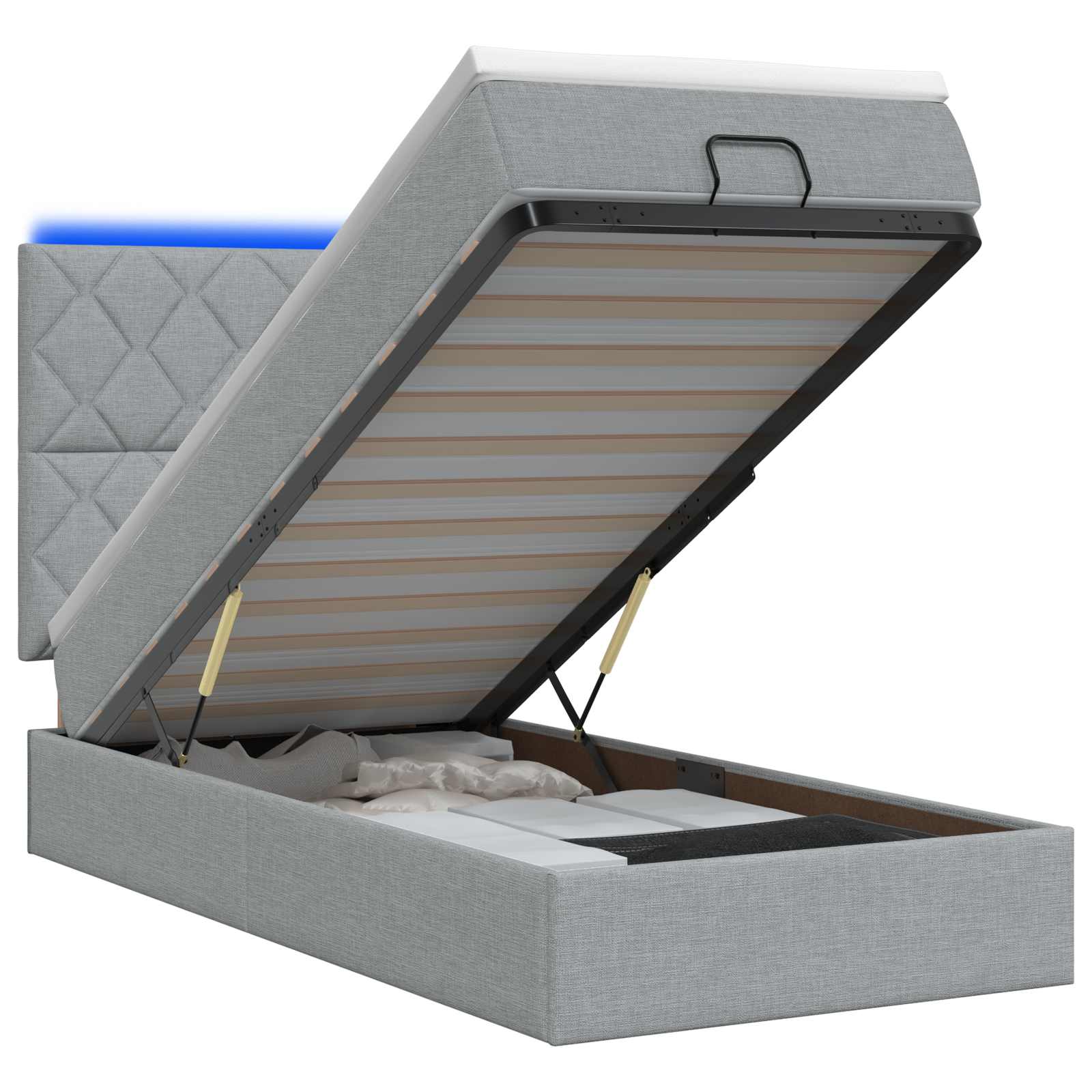 Lit coffre avec matelas et LED Gris clair 90 x 190 cm Tissu - XIOS