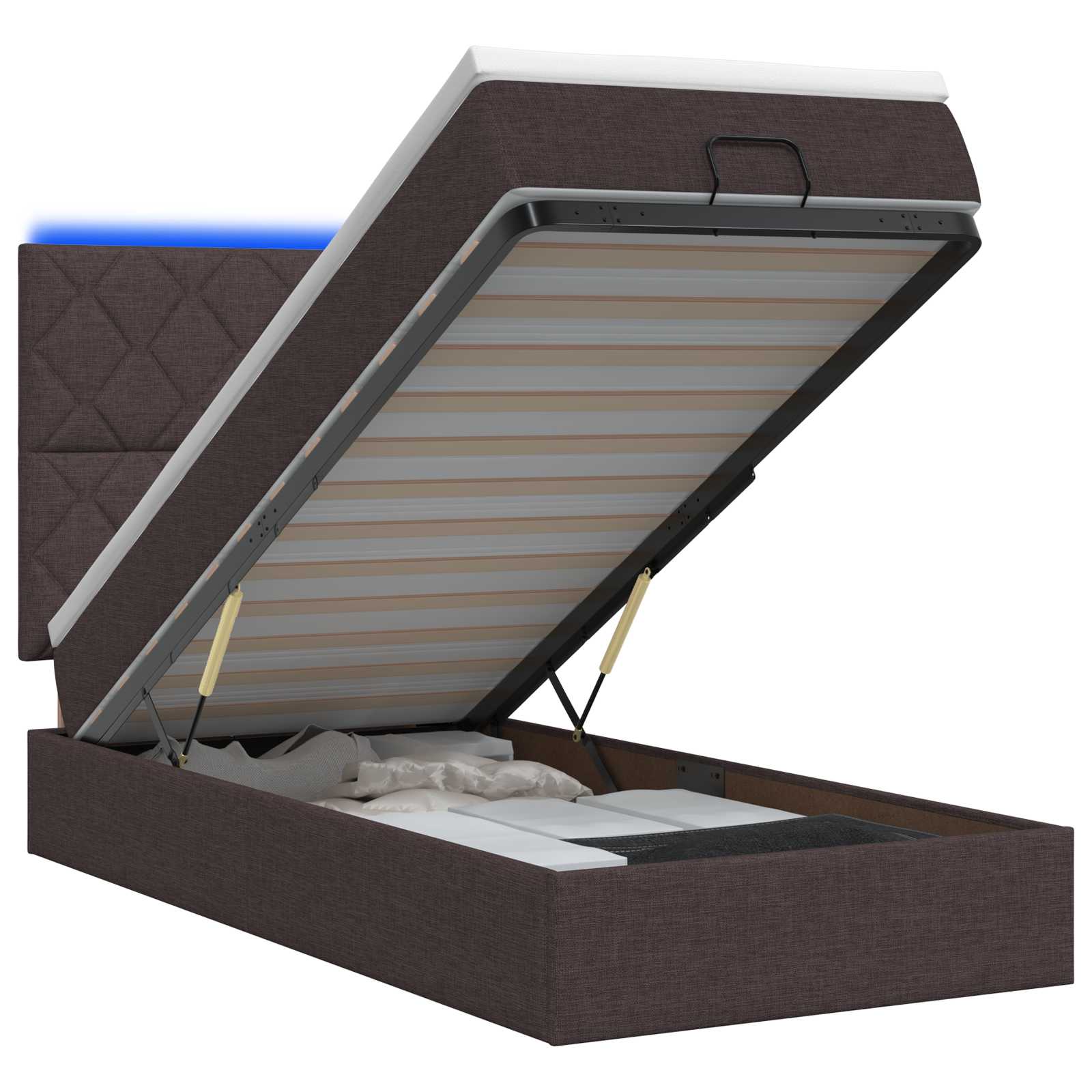 Lit coffre avec matelas et LED Marron foncé 100 x 200 cm Tissu - XIOS