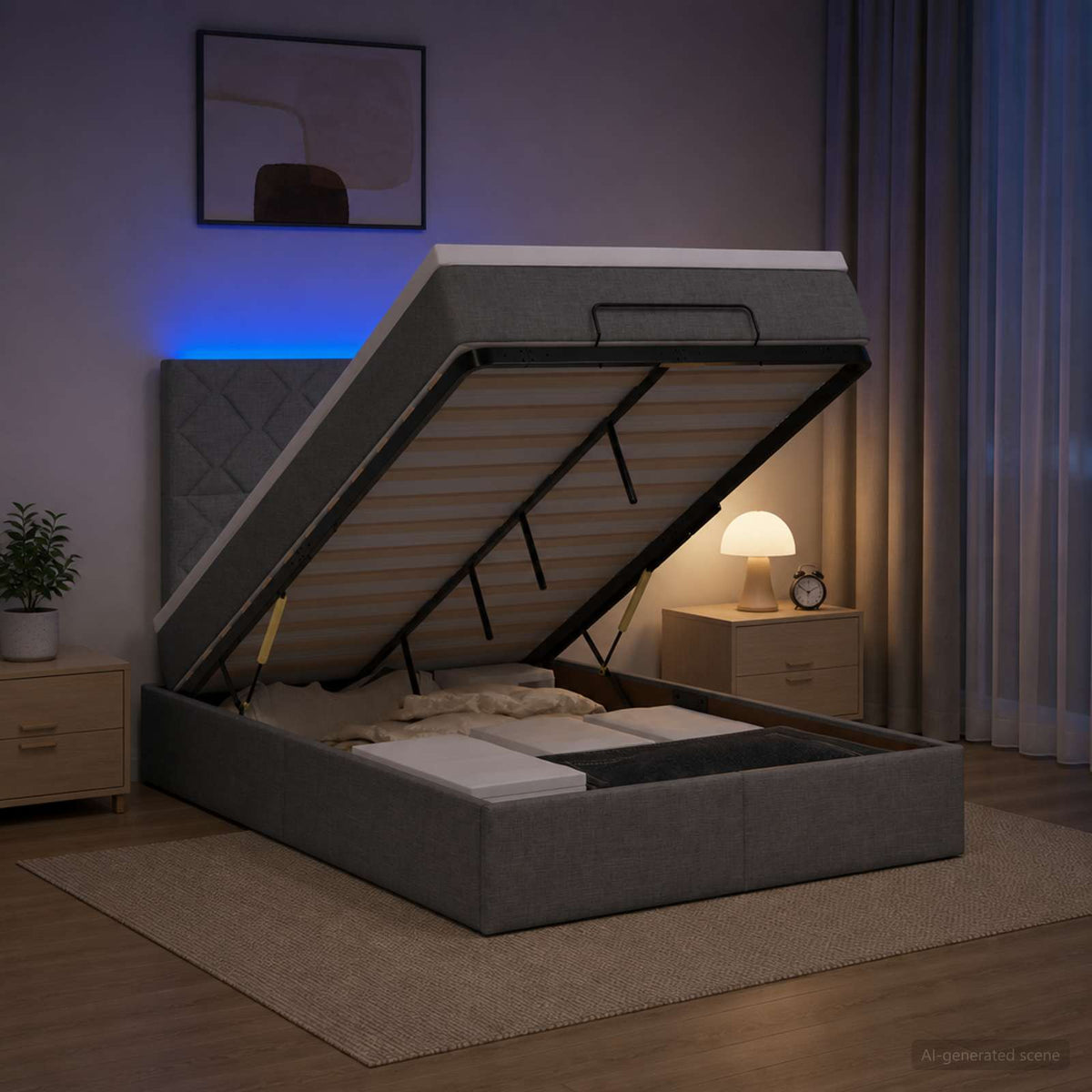 Lit coffre avec matelas et LED Gris foncé 120 x 200 cm Tissu