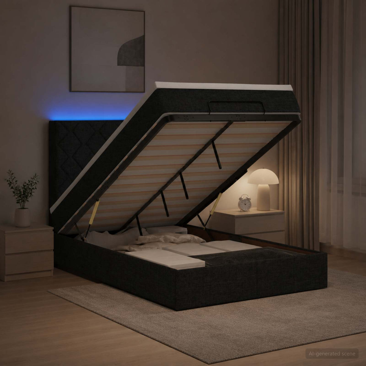 Lit coffre avec matelas et LED Noir 120 x 190 cm Tissu