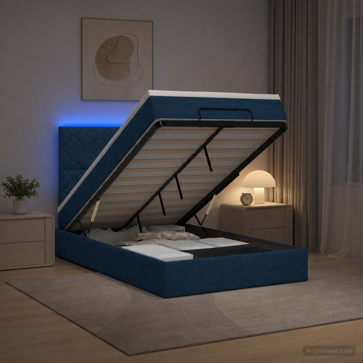 Lit coffre avec matelas et LED Bleu 120 x 190 cm Tissu