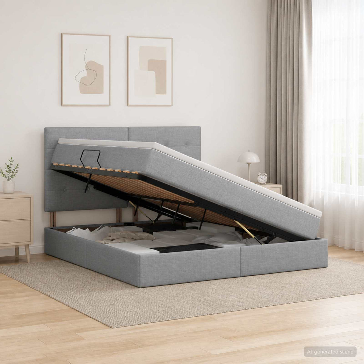 Lit avec rangement et matelas Gris clair 140 x 200 cm tissu