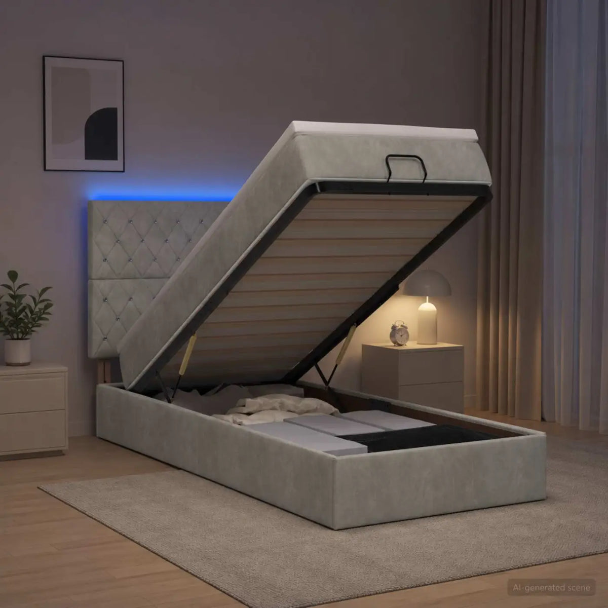 Lit coffre avec matelas et LED Gris clair 100 x 200 cm Velours - XIOS