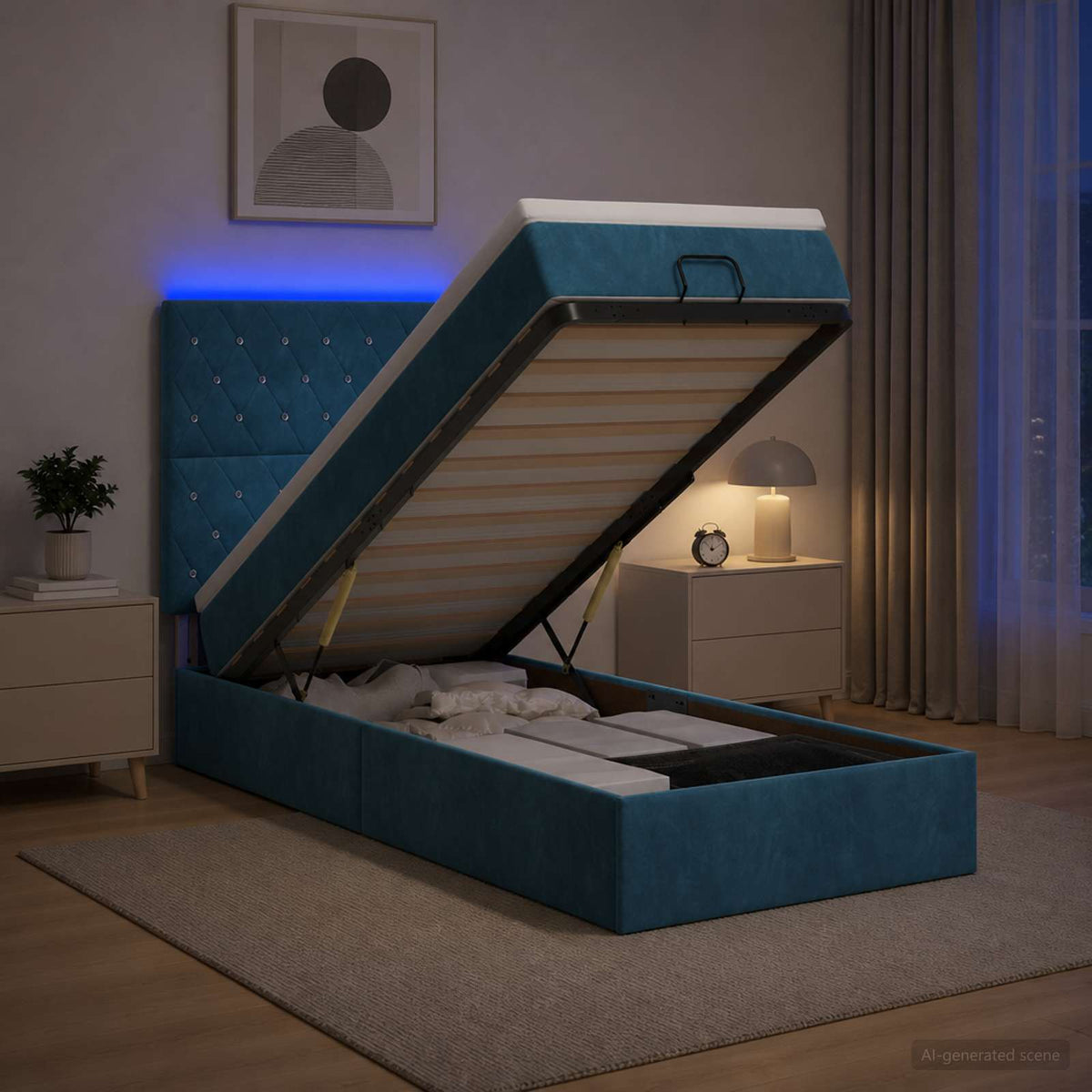 Lit coffre avec matelas et LED Bleu foncé 80 x 200 cm Velours