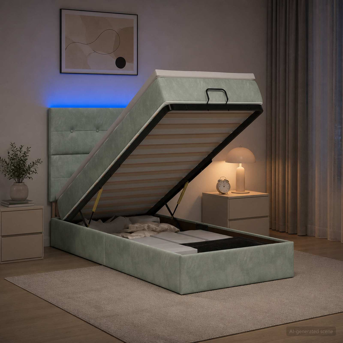 Lit coffre avec matelas et LED Gris clair 90 x 190 cm Velours