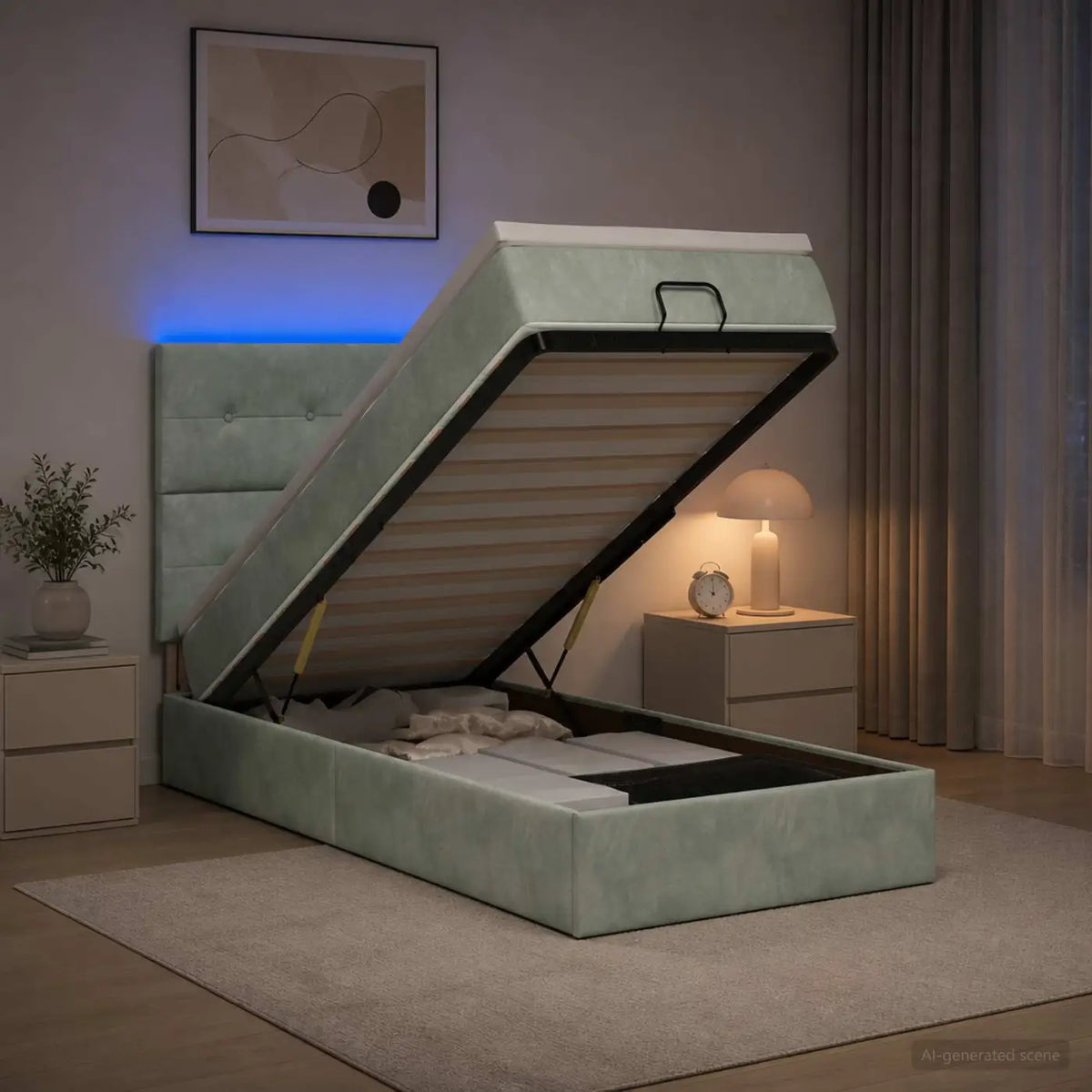 Lit coffre avec matelas et LED Gris clair 100 x 200 cm Velours - XIOS