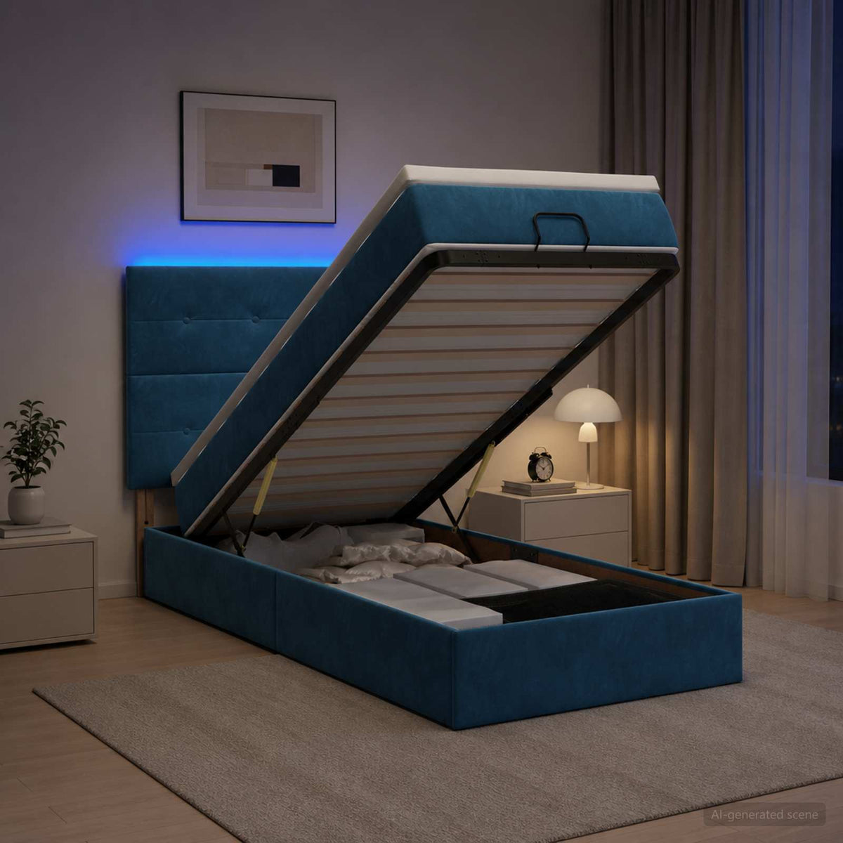 Lit coffre avec matelas et LED Bleu foncé 80 x 200 cm Velours