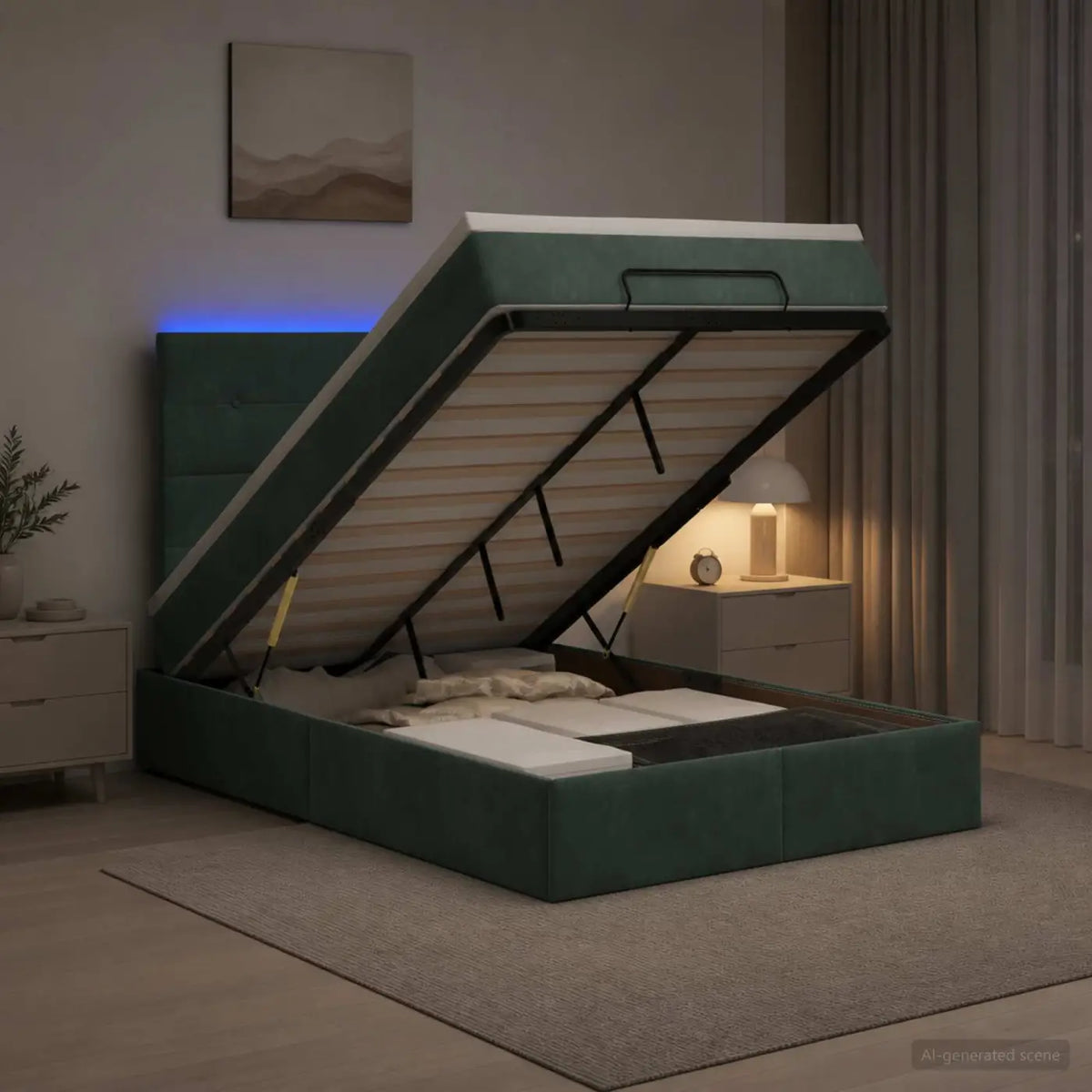 Lit coffre avec matelas et LED Vert foncé 120 x 200 cm Velours - XIOS