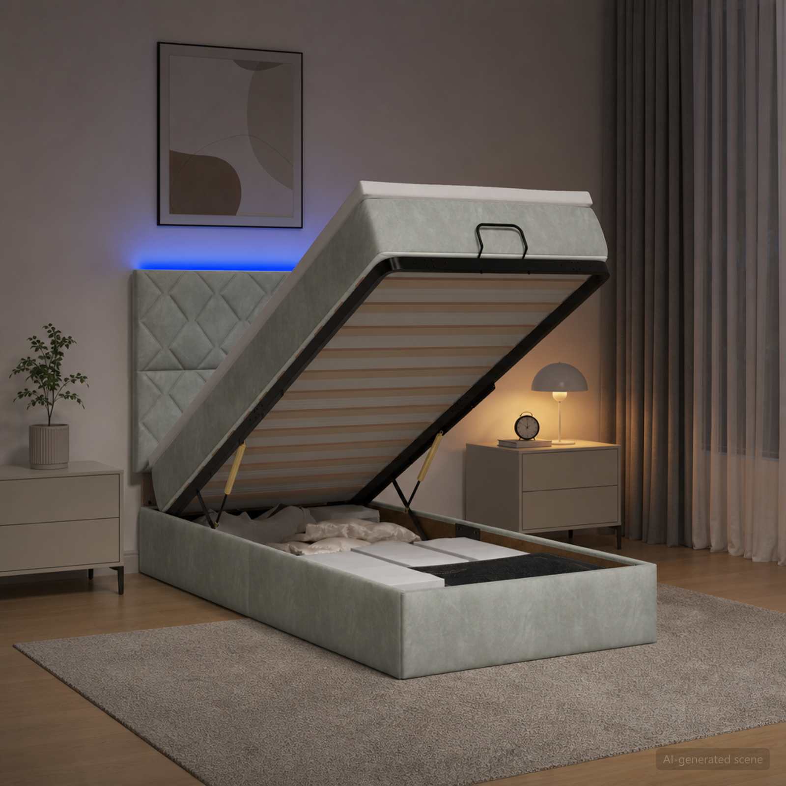 Lit coffre avec matelas et LED Gris clair 100 x 200 cm Velours