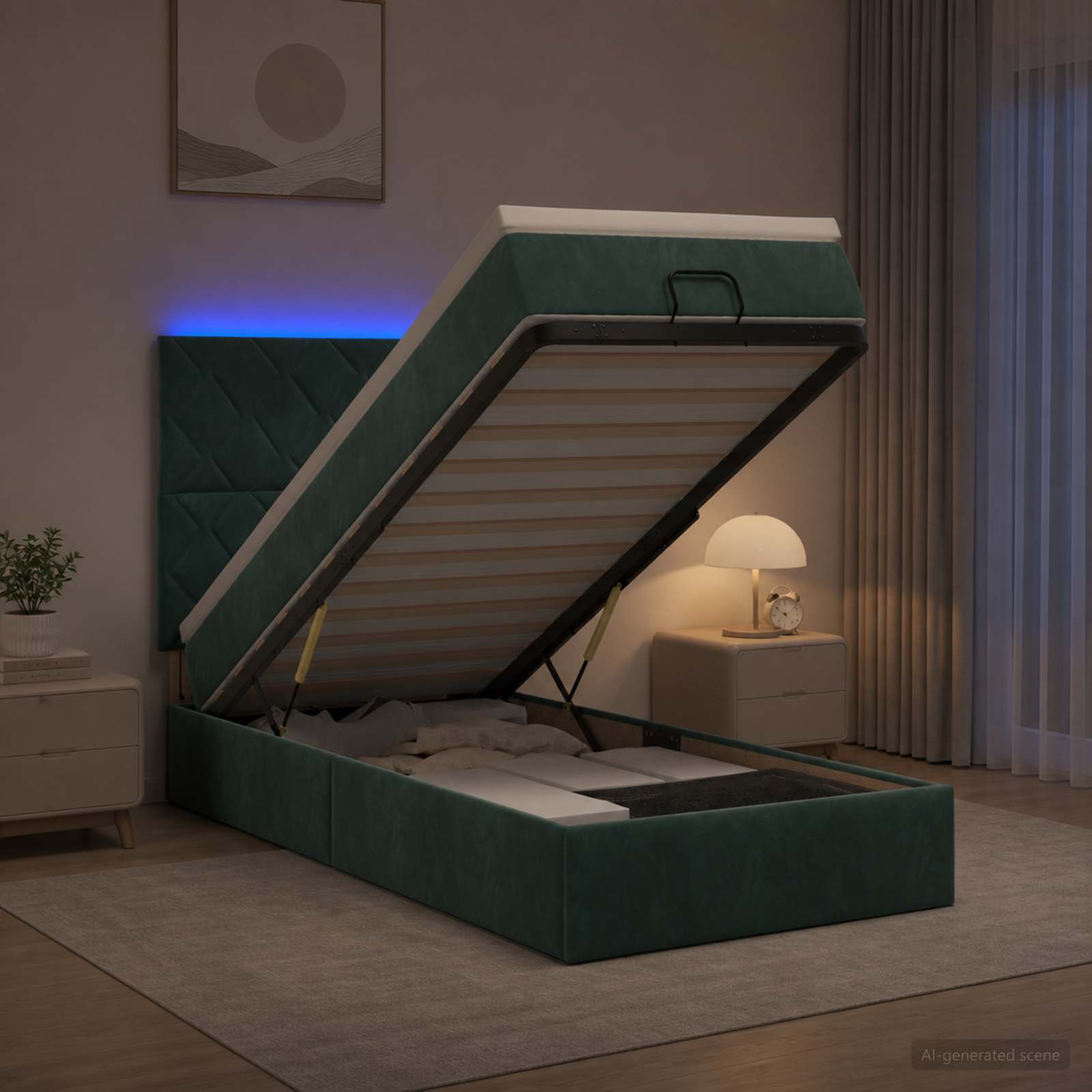 Lit coffre avec matelas et LED Vert foncé 90 x 200 cm Velours