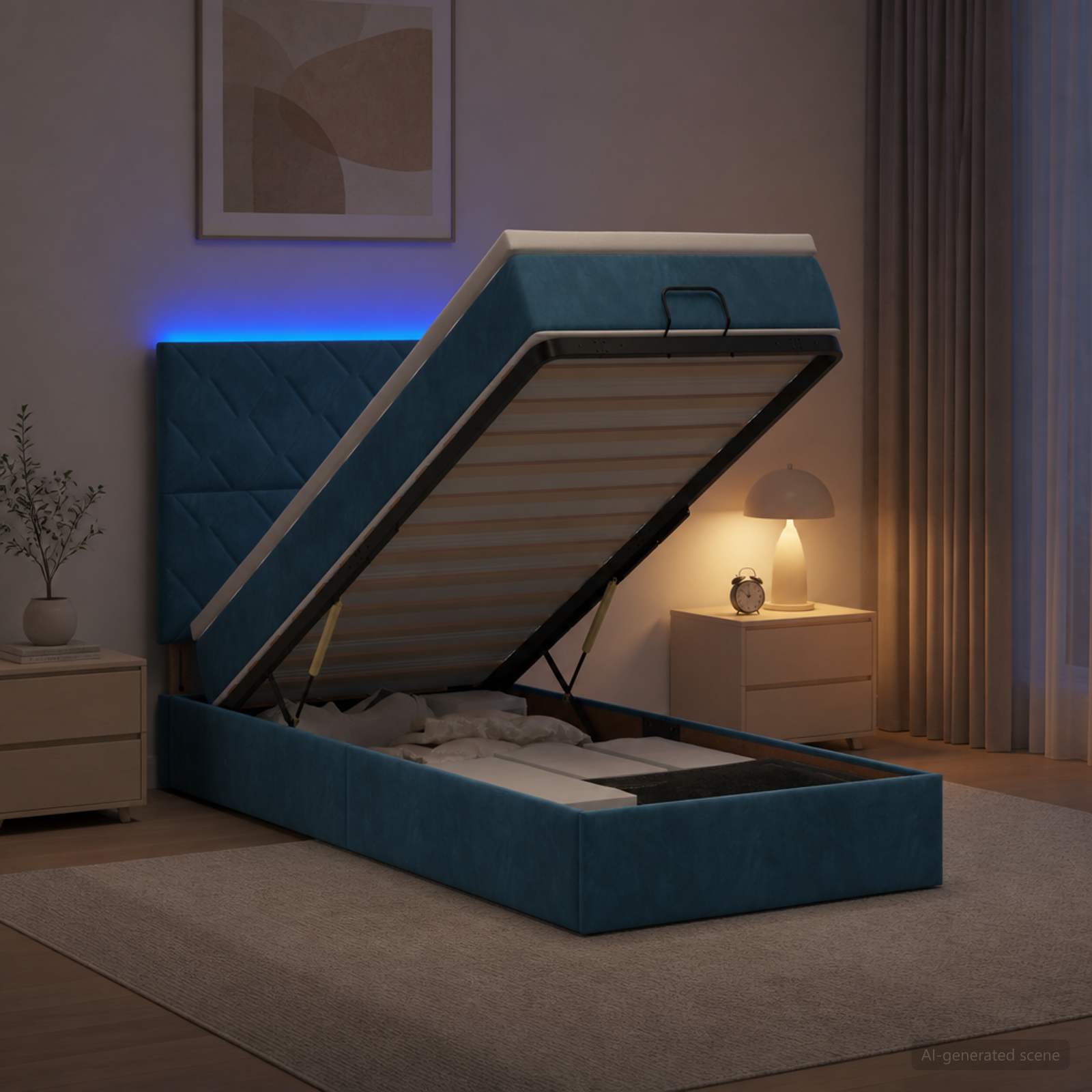 Lit coffre avec matelas et LED Bleu foncé 80 x 200 cm Velours