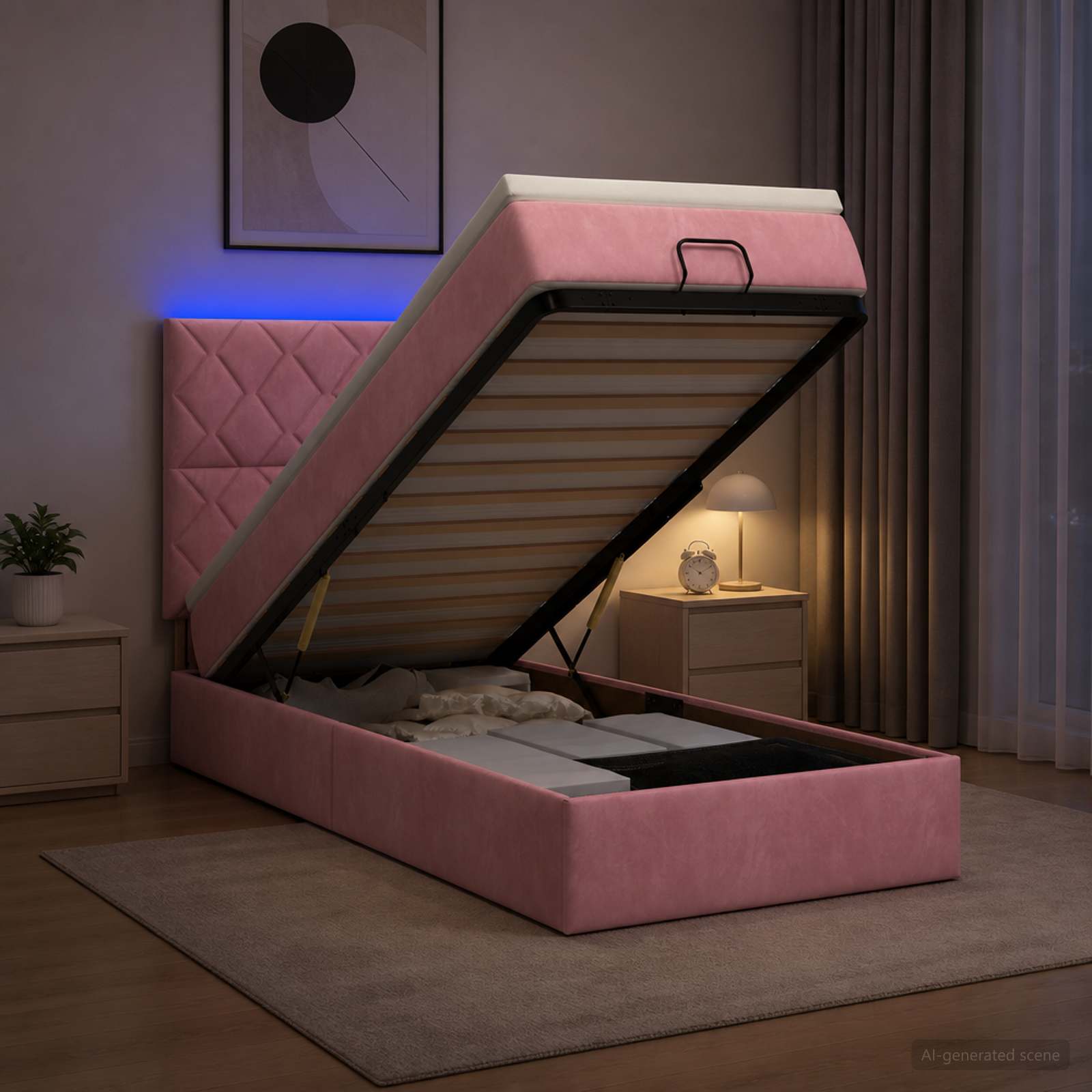 Lit coffre avec matelas et LED Rose 90 x 190 cm Velours
