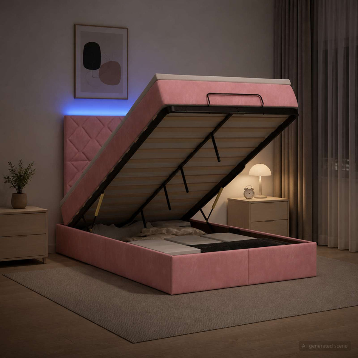 Lit coffre avec matelas et LED Rose 120 x 190 cm Velours
