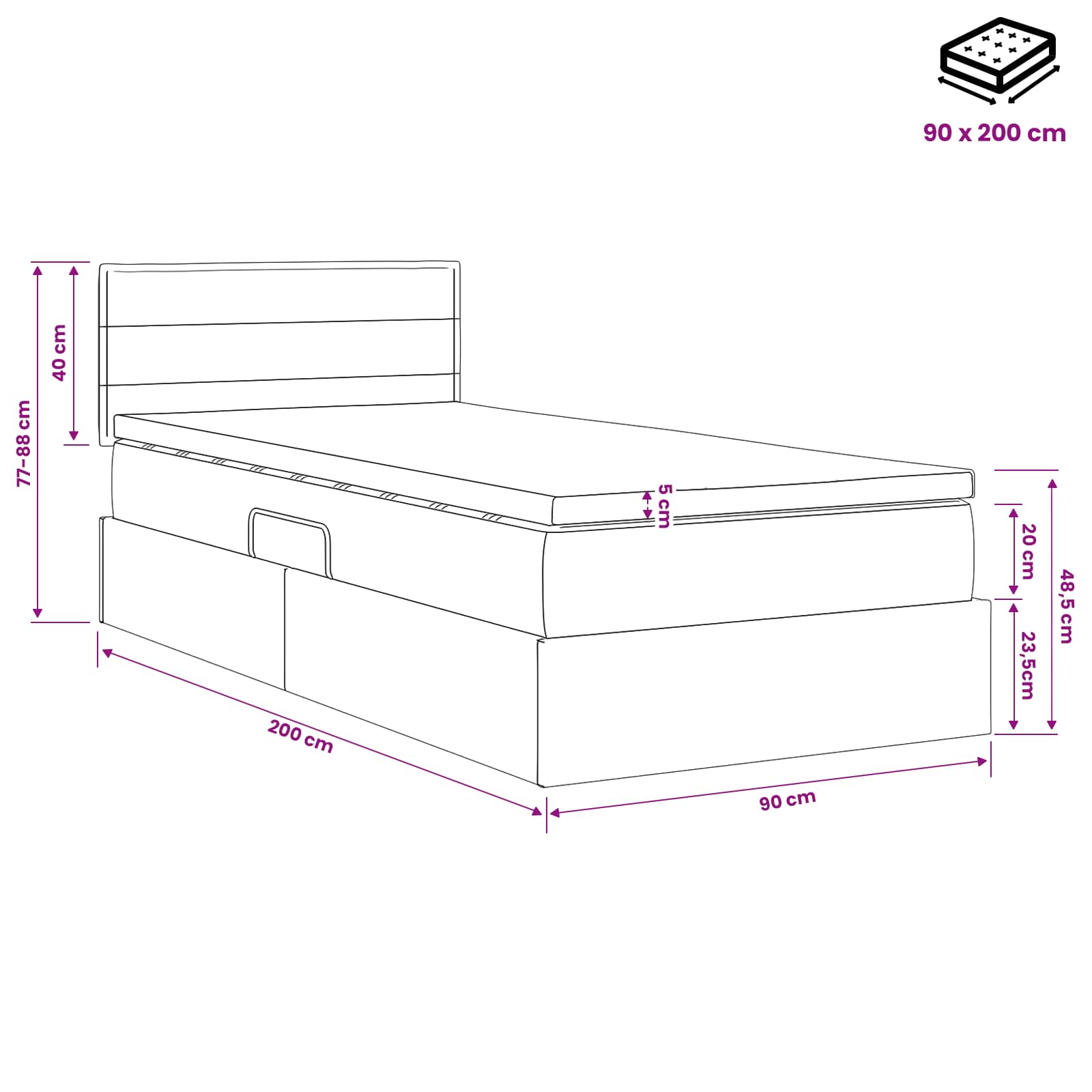 Lit avec rangement et matelas avec tête de lit Noir 90 x 200 cm - XIOS