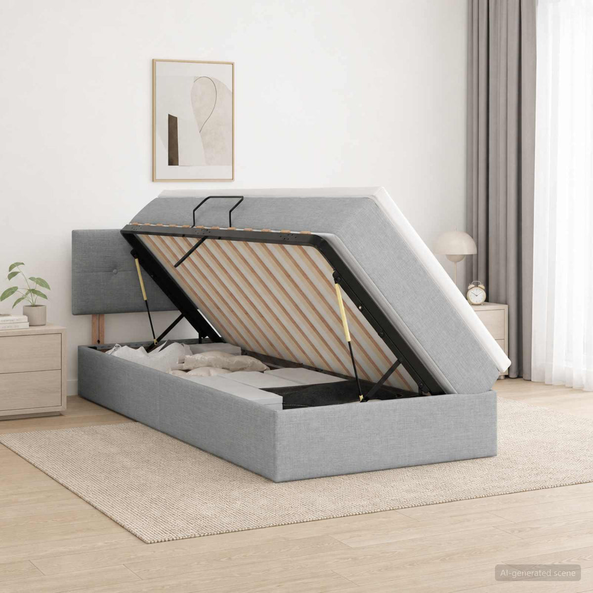 Lit de rangement LED avec matelas Gris clair 90 x 190 cm Tissu