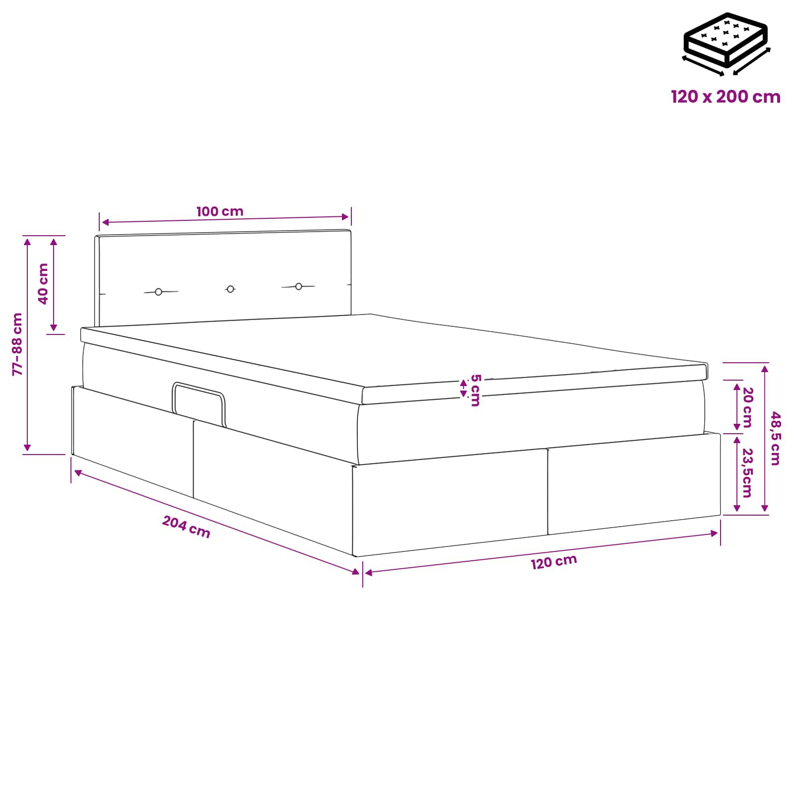 Lit avec rangement et matelas Noir 120 x 200 cm Velours