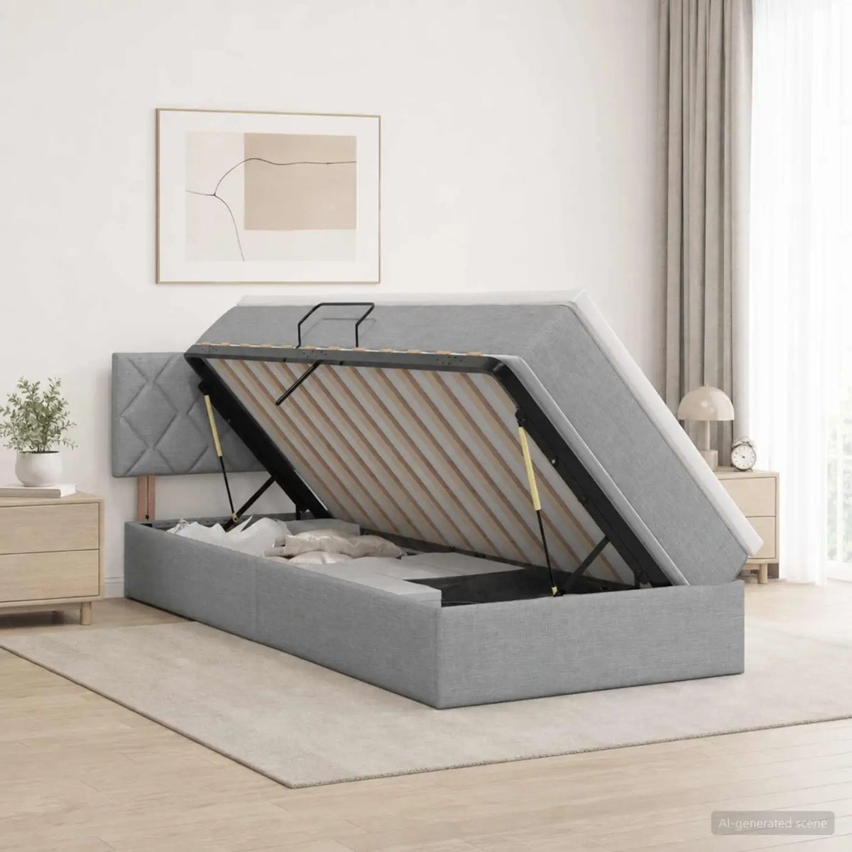 Lit de rangement LED avec matelas Gris clair 90 x 200 cm Tissu - XIOS