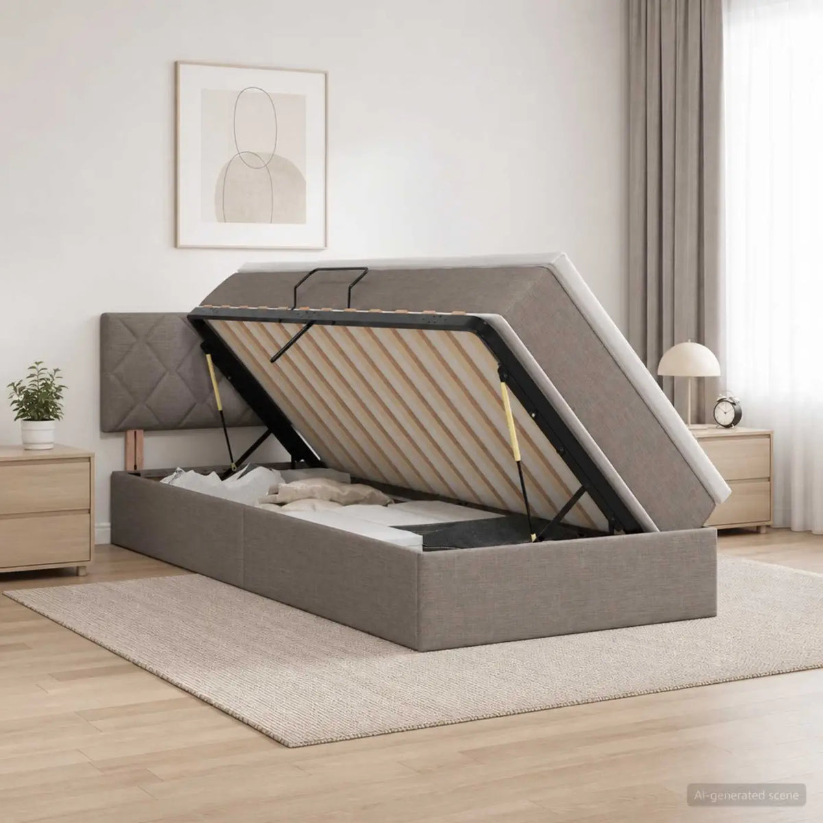 Lit de rangement LED avec matelas Taupe 100 x 200 cm Tissu - XIOS