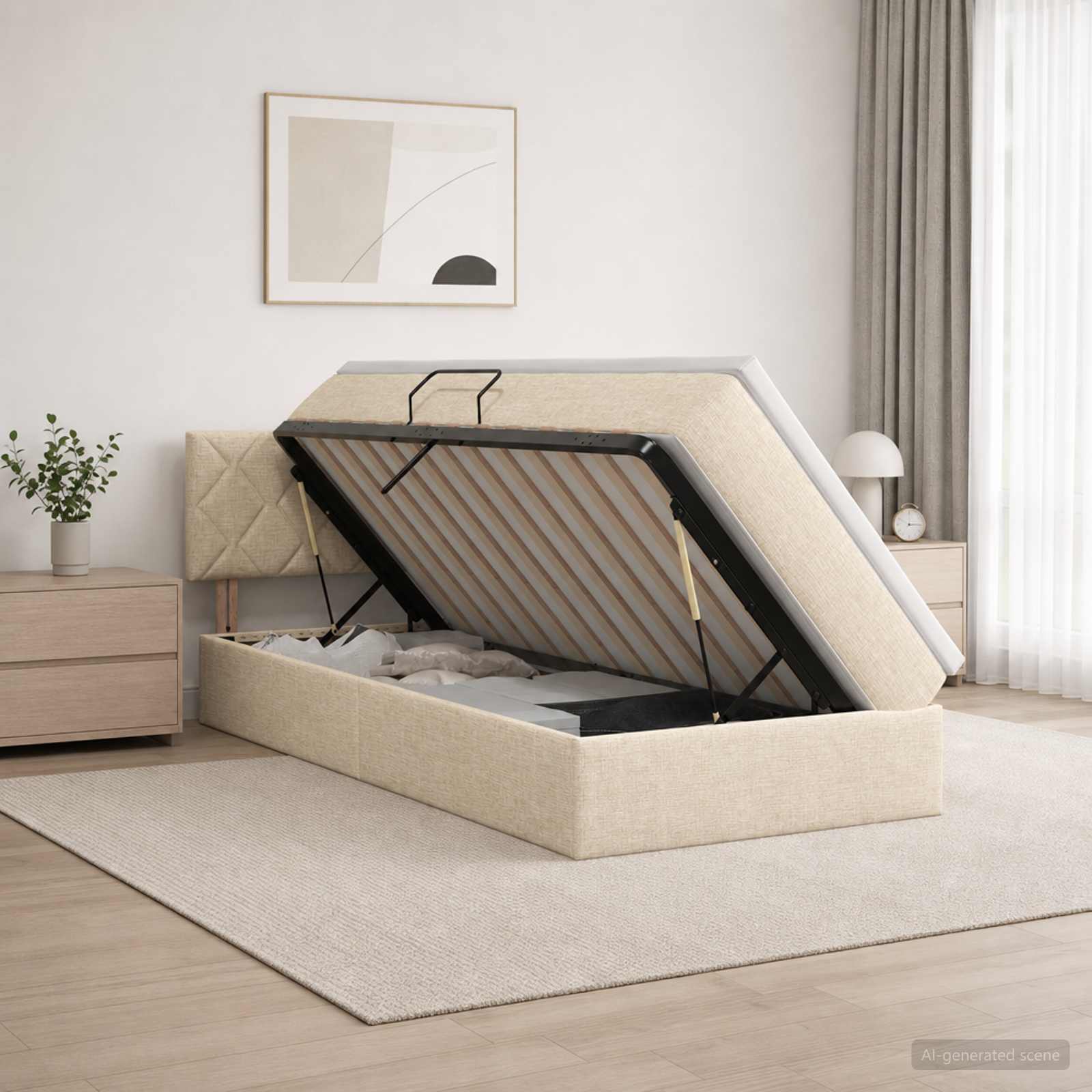 Lit avec rangement et matelas Crème 100 x 200 cm Velours