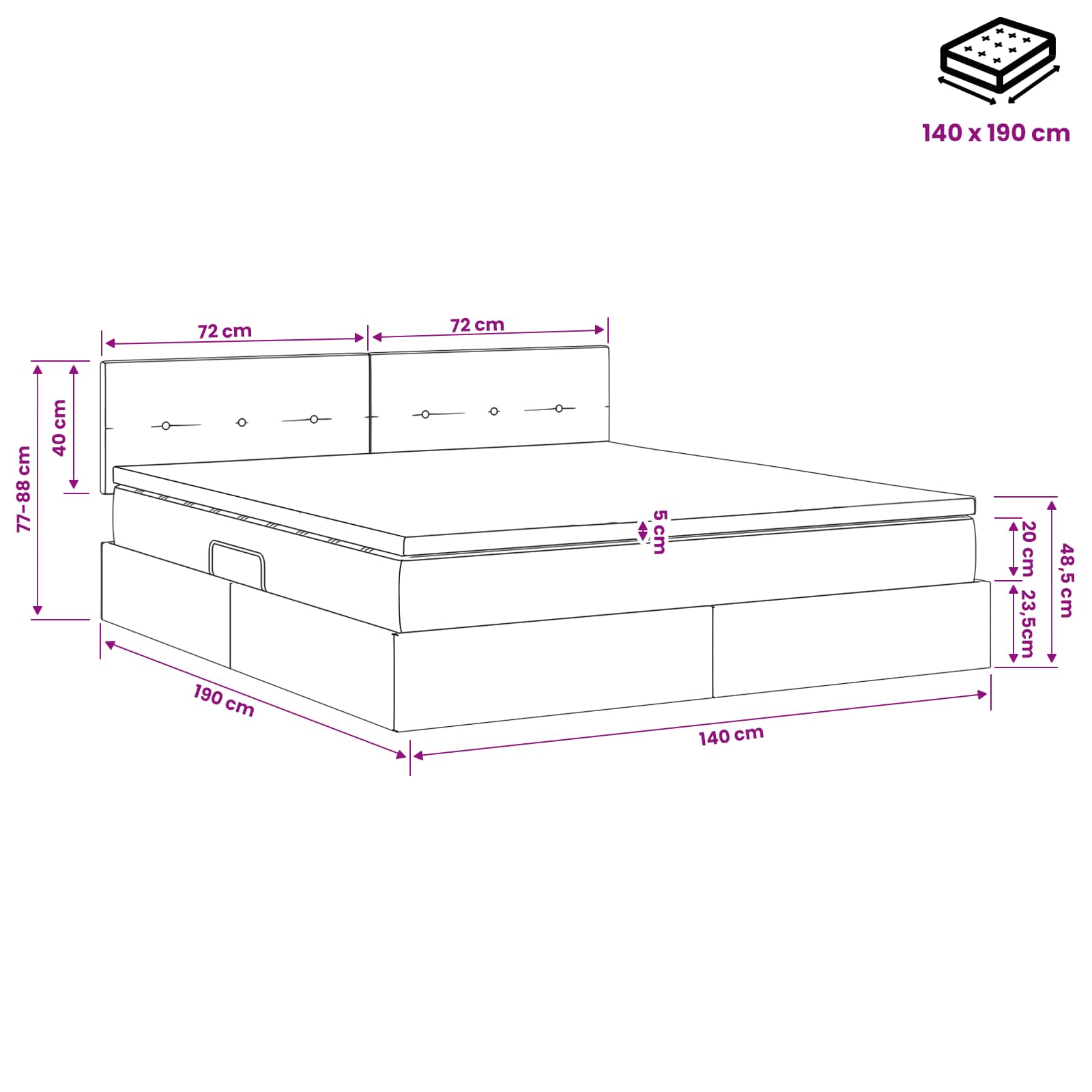 Lit de Rangement avec tête de lit Rose 140 x 190 cm Velours - XIOS