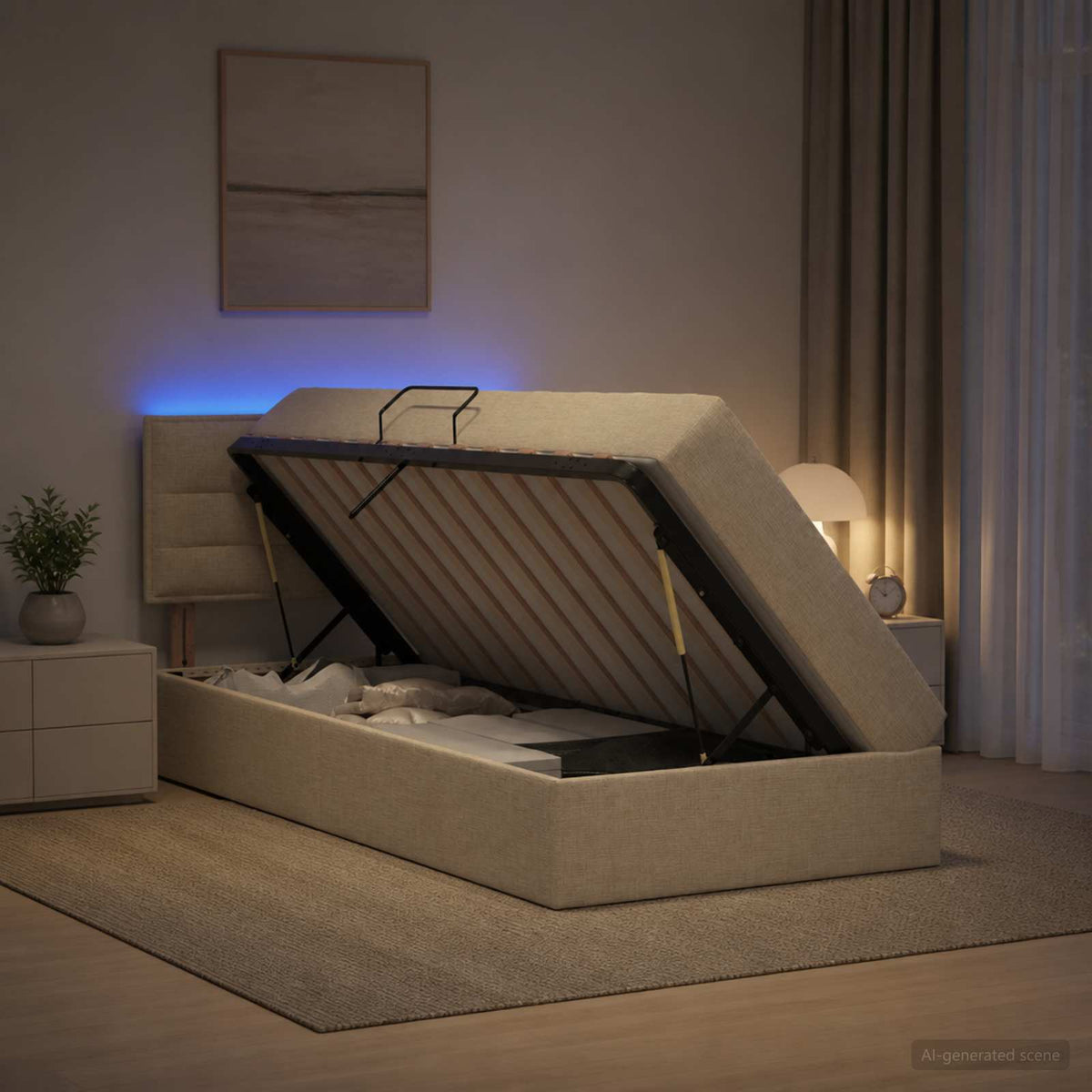 Lit de rangement LED avec matelas Crème 100 x 200 cm Tissu