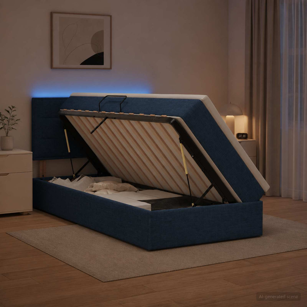 Lit de rangement LED avec matelas Bleu 100 x 200 cm Tissu