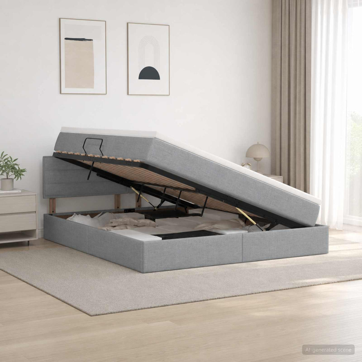 Lit de rangement LED avec matelas Gris clair 140 x 200 cm Tissu