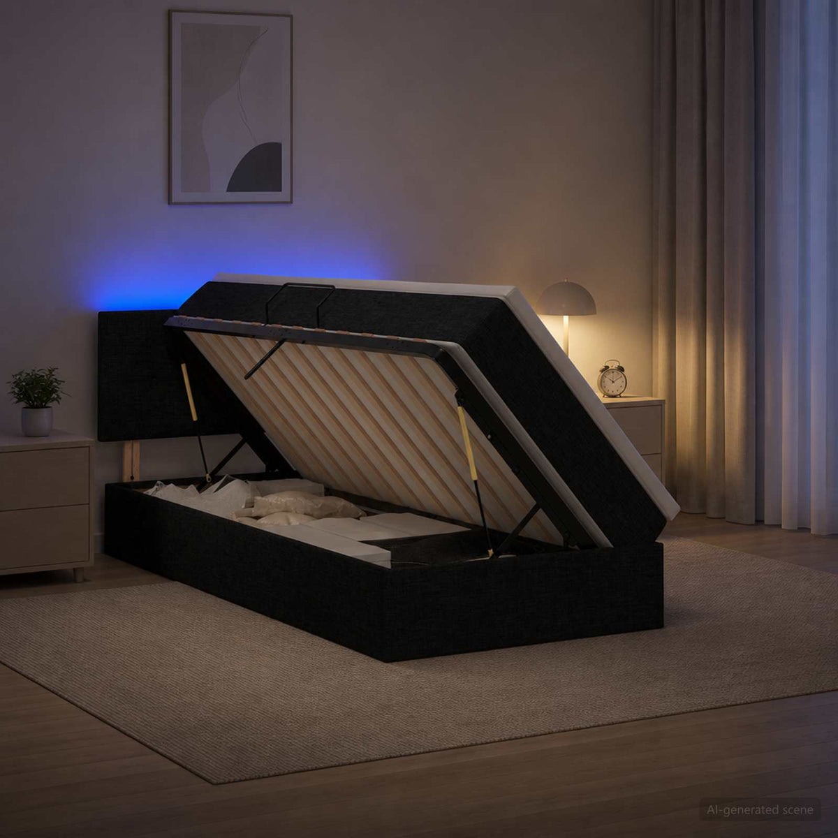 Lit de rangement LED avec matelas Noir 90 x 200 cm Tissu