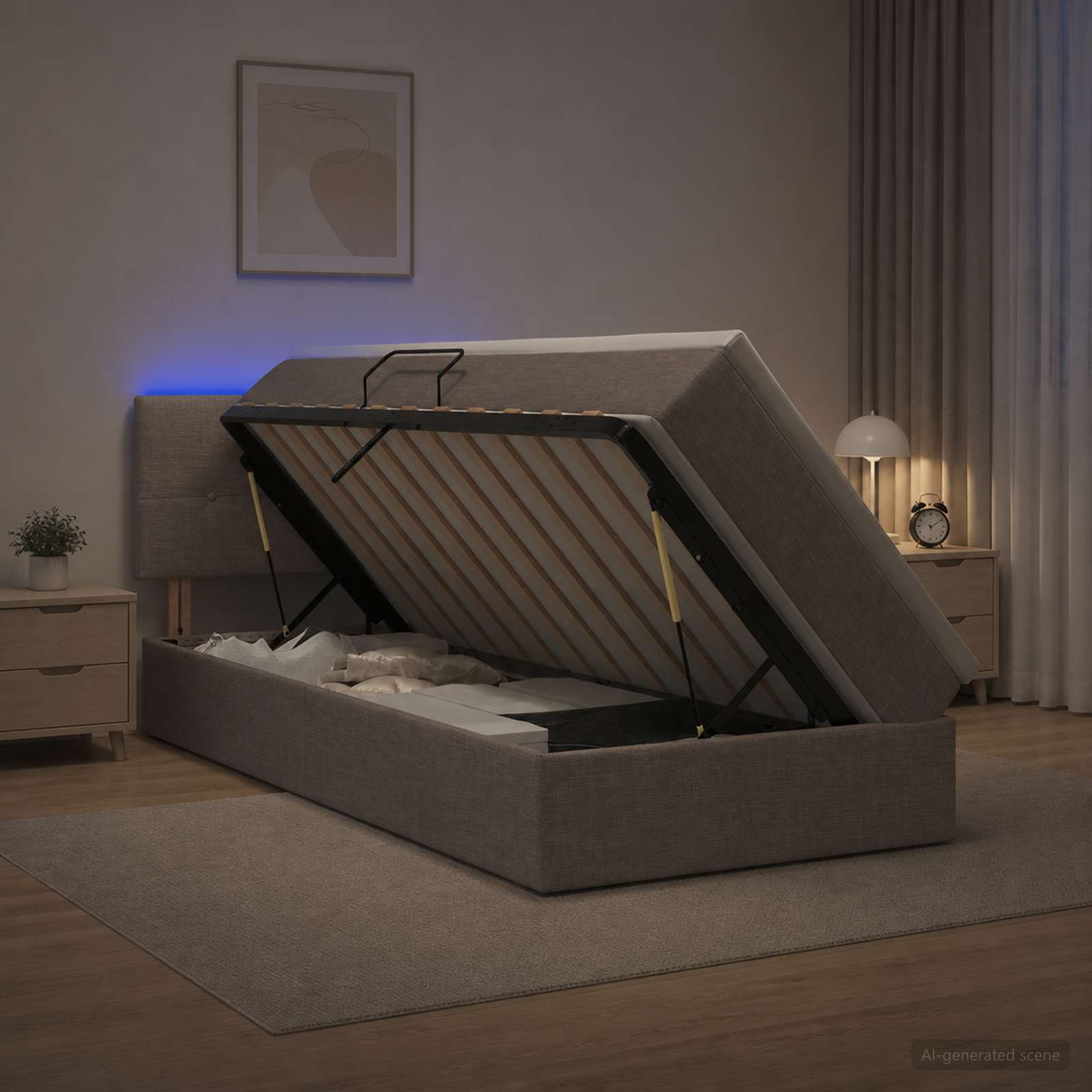 Lit de rangement LED avec matelas Taupe 100 x 200 cm Tissu