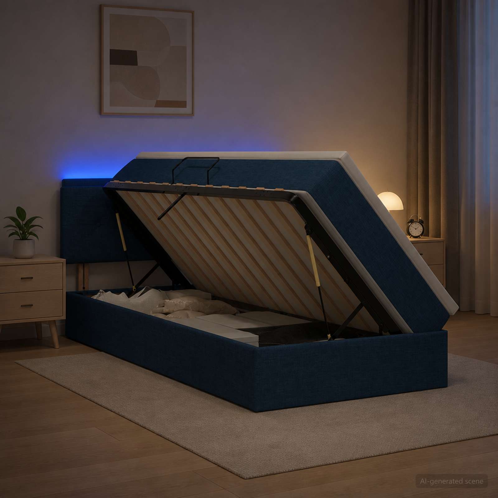 Lit de rangement LED avec matelas Bleu 100 x 200 cm Tissu