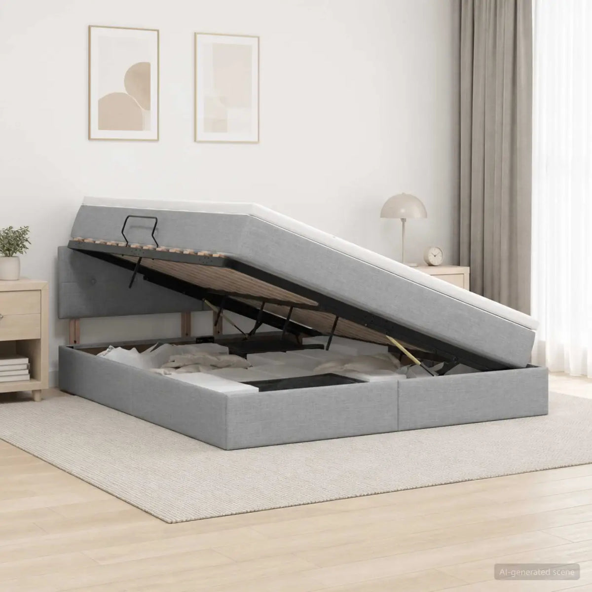 Lit de rangement LED avec matelas Gris clair 140 x 200 cm Tissu - XIOS