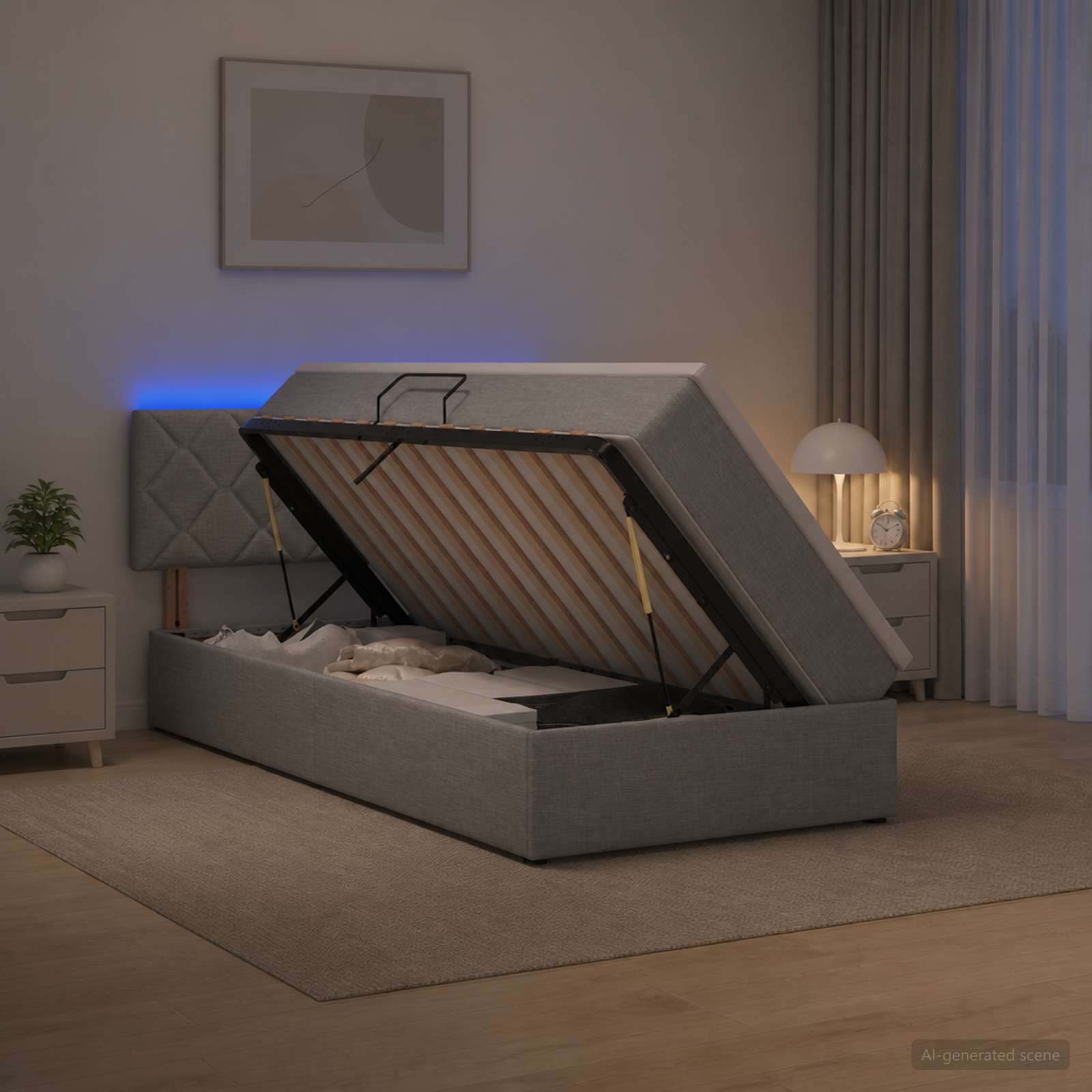Lit de rangement LED avec matelas Gris clair 100 x 200 cm Tissu