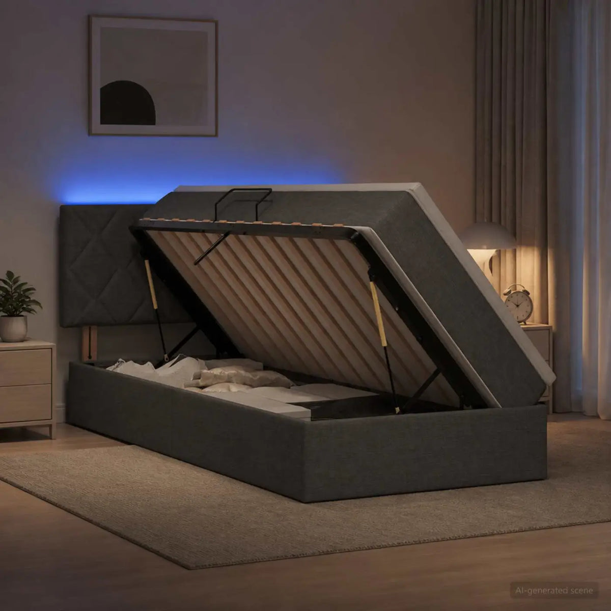 Lit de rangement LED avec matelas Gris foncé 100 x 200 cm Tissu - XIOS