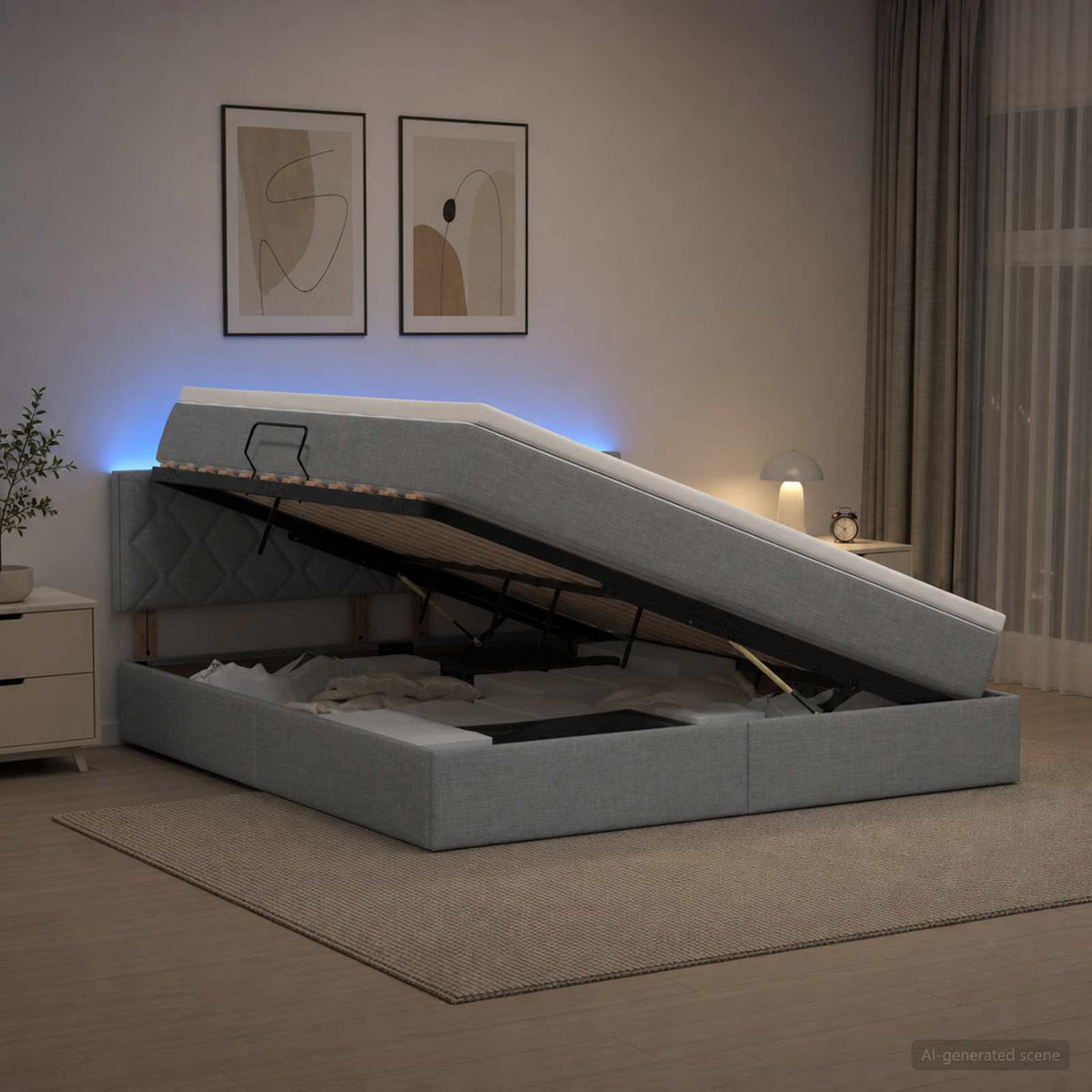 Lit de rangement LED avec matelas Gris clair 140 x 190 cm Tissu