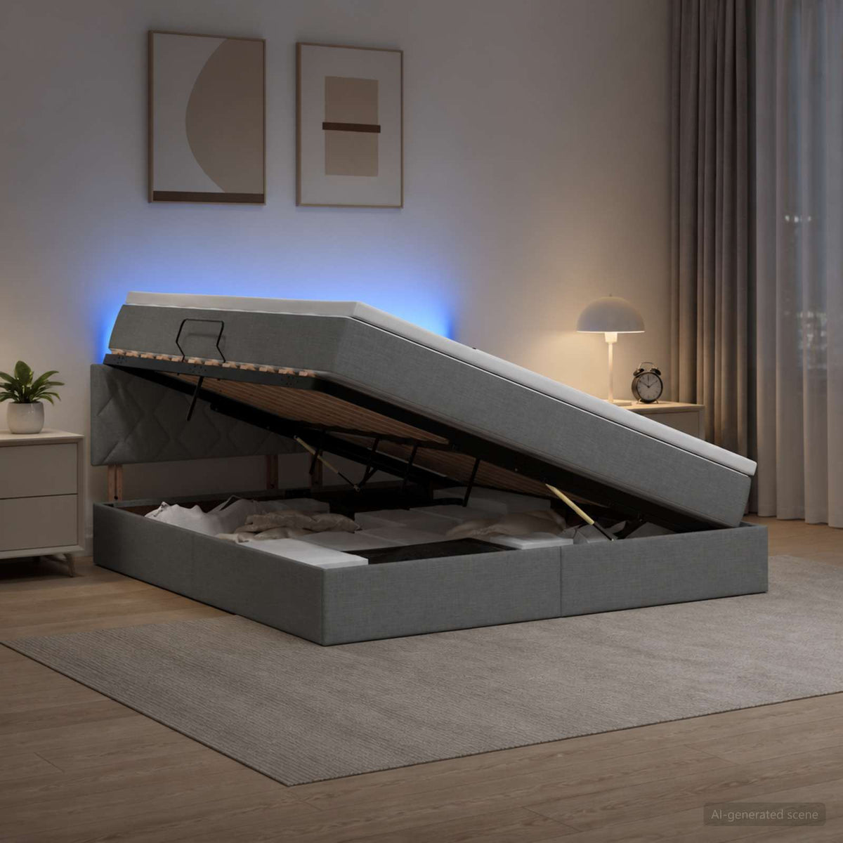 Lit de rangement LED avec matelas Gris foncé 140 x 200 cm Tissu