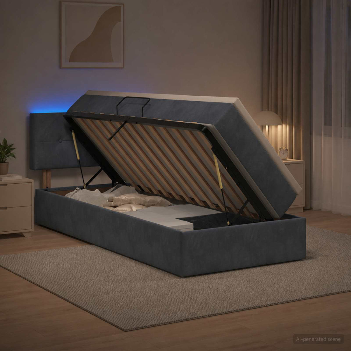 Lit de rangement LED avec matelas Gris foncé 90 x 200 cm