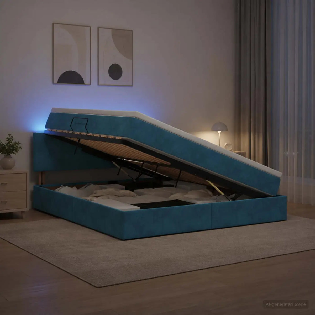 Lit de rangement LED avec matelas Bleu foncé 140 x 200 cm - XIOS